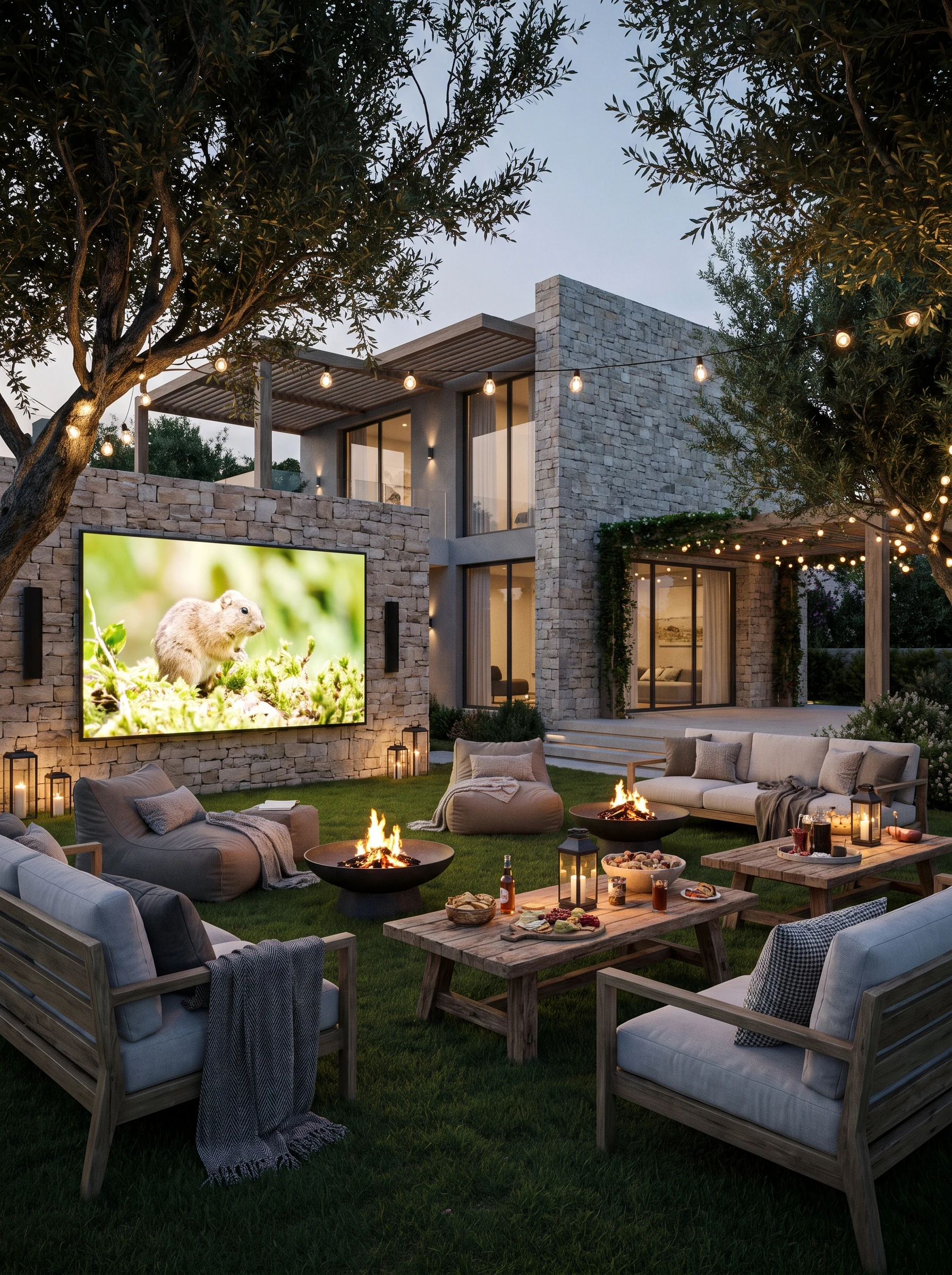 Angolo cinema fra gli alberi, con poltrone e schermo al margine del prato.