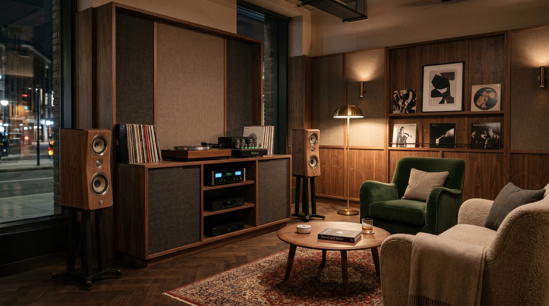 Angolo lounge con giradischi, mobile in legno e diffusori su supporti.