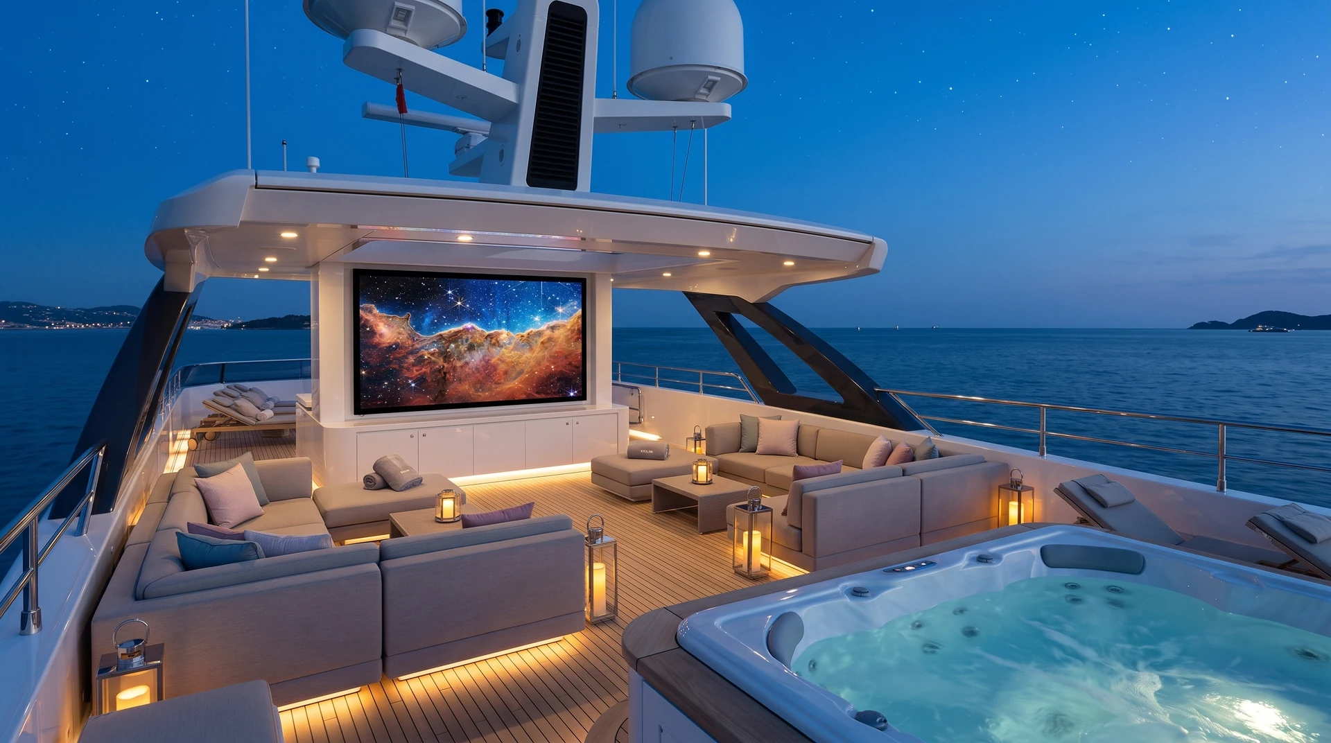 Area cinema sul ponte, fra lounge e piscina, nelle luci della sera.