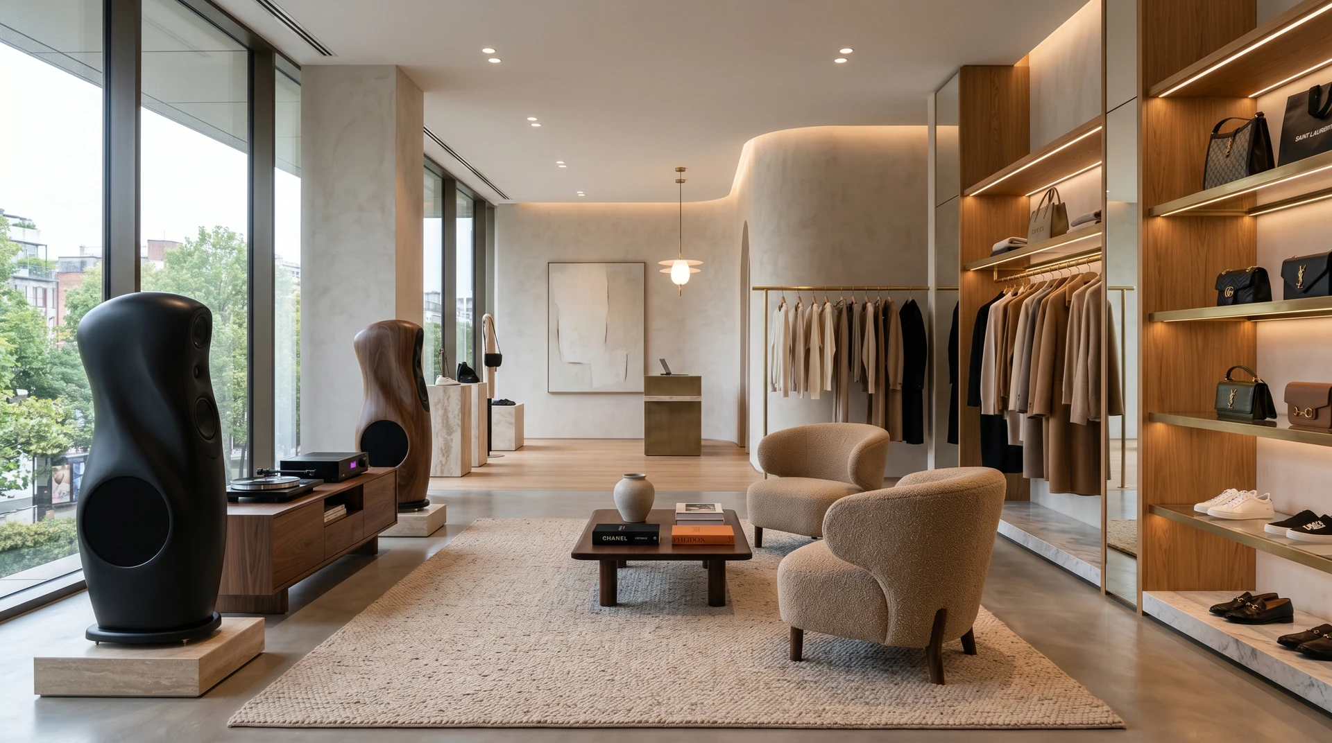 Area lounge della boutique con sedute, vetrina e sistema stereo a vista.