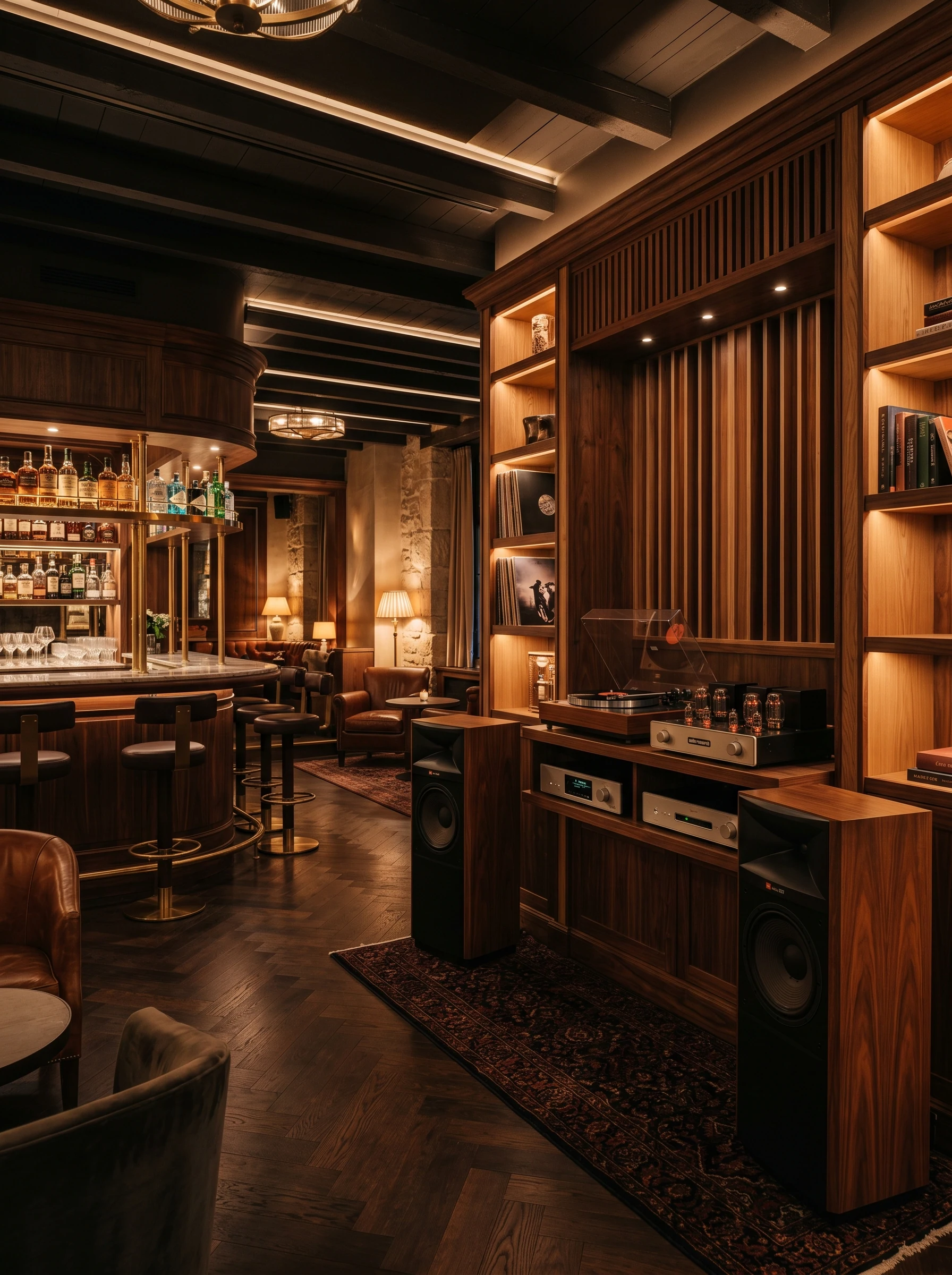 Banco e parete musicale in un ambiente con legno e illuminazione indiretta.