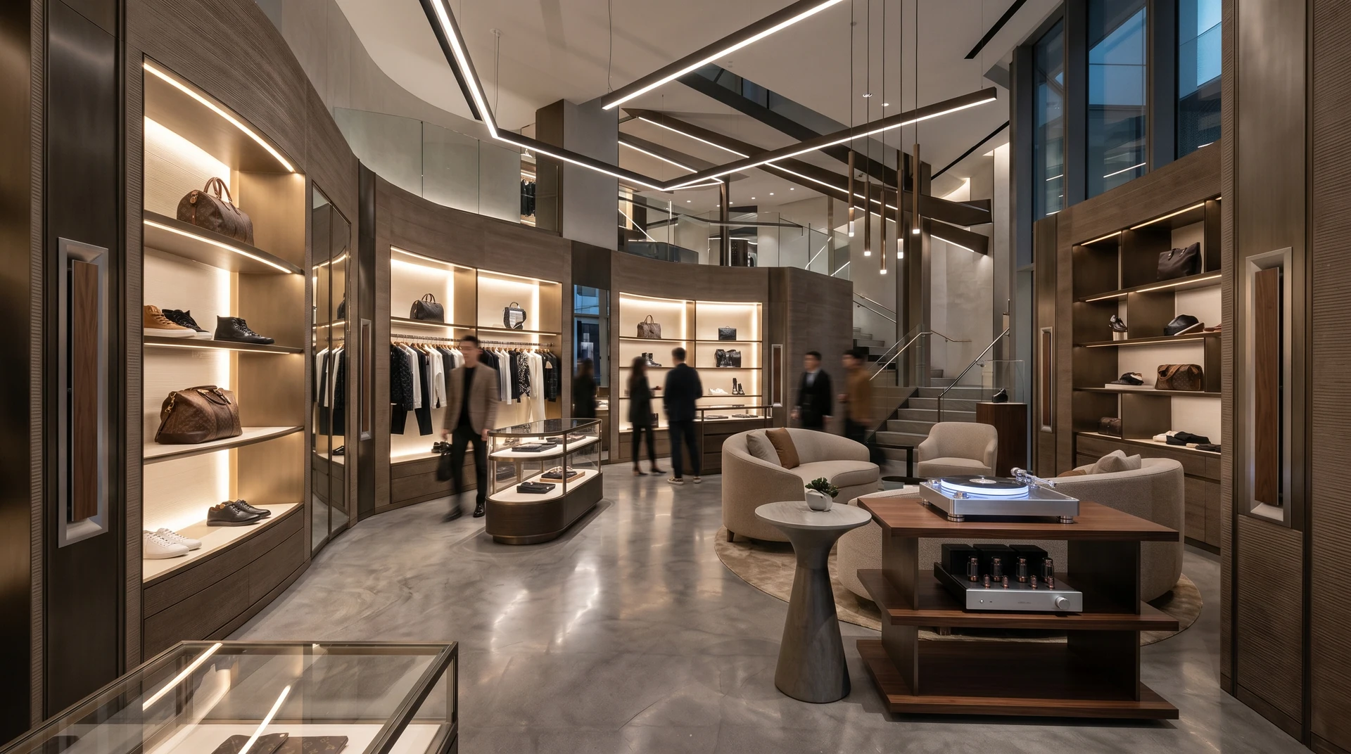 Boutique con arredi centrali, luce integrata e diffusori nelle scaffalature Boutique con arredi centrali, luce integrata e diffusori nelle scaffalature.