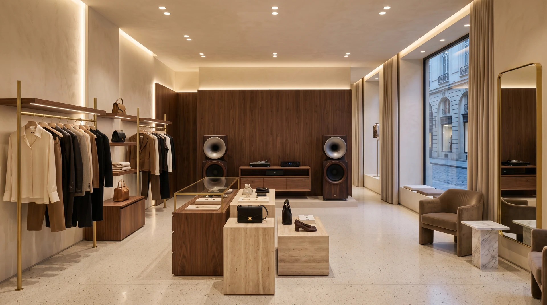Boutique con espositori per abiti, banco centrale e due diffusori a tromba sul fondo.