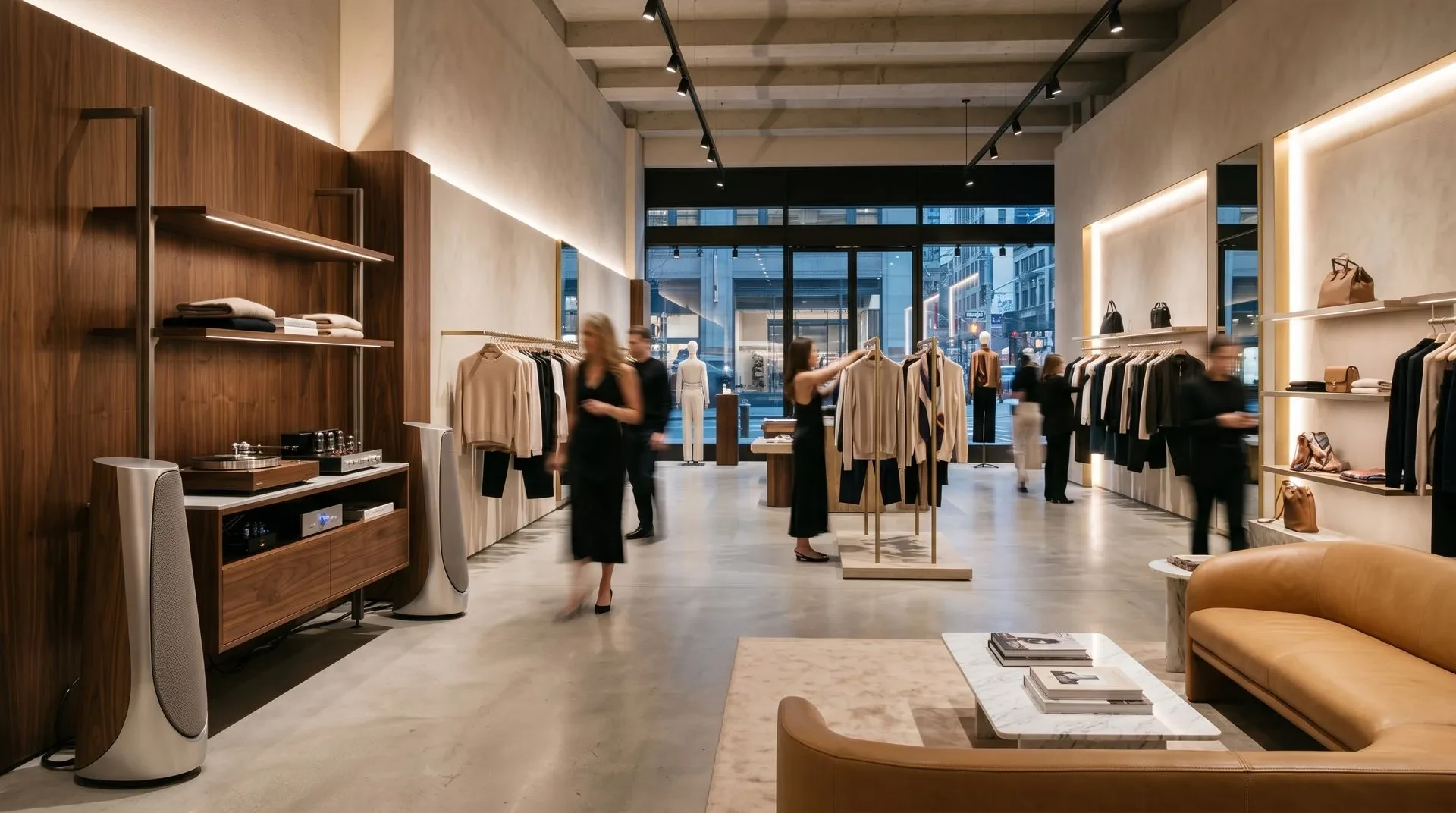 Lounge della boutique con mobile audio in legno, diffusori e arredi espositivi.
