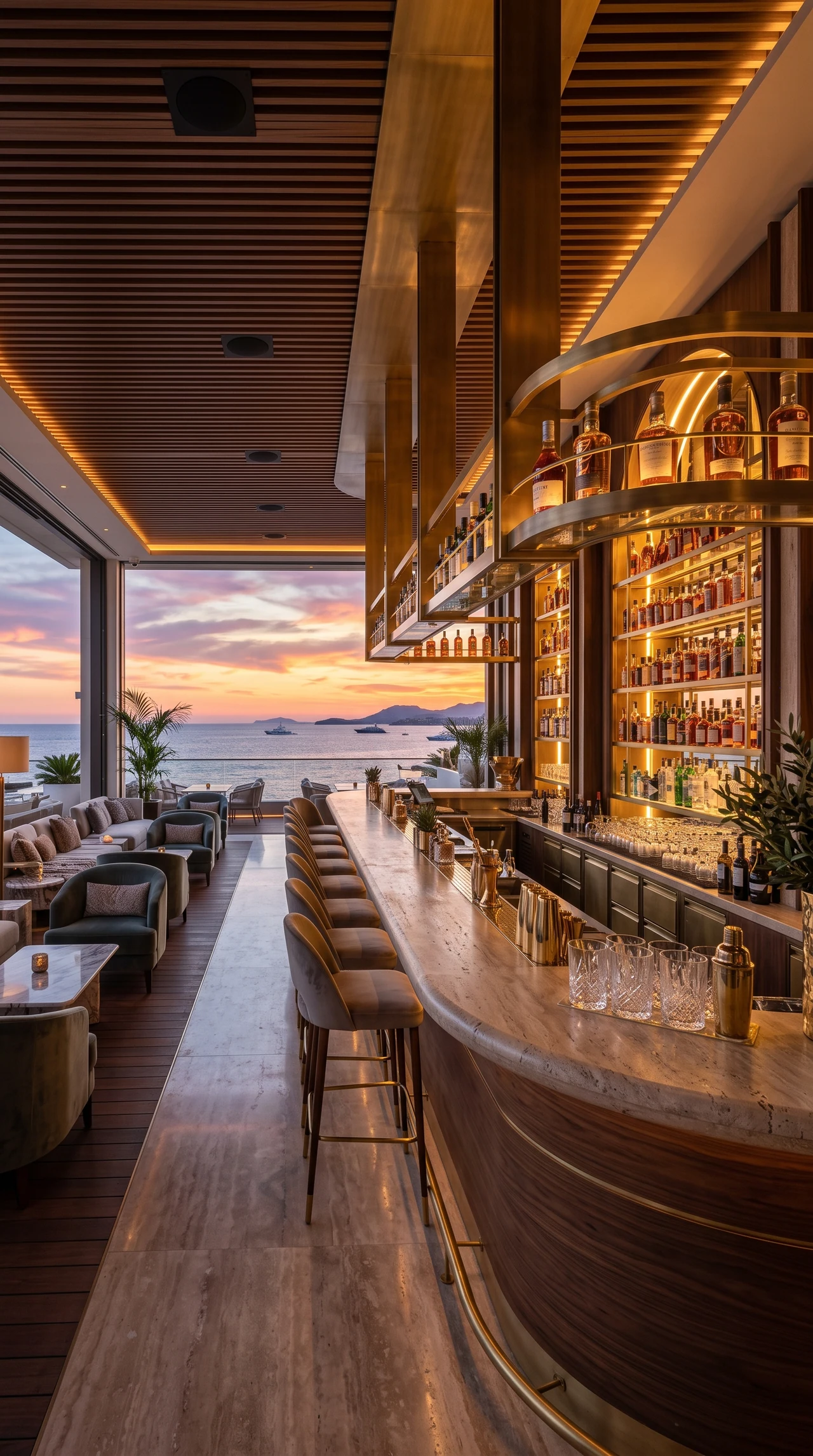 Il cocktail bar con banco in pietra e sedute lungo la terrazza.