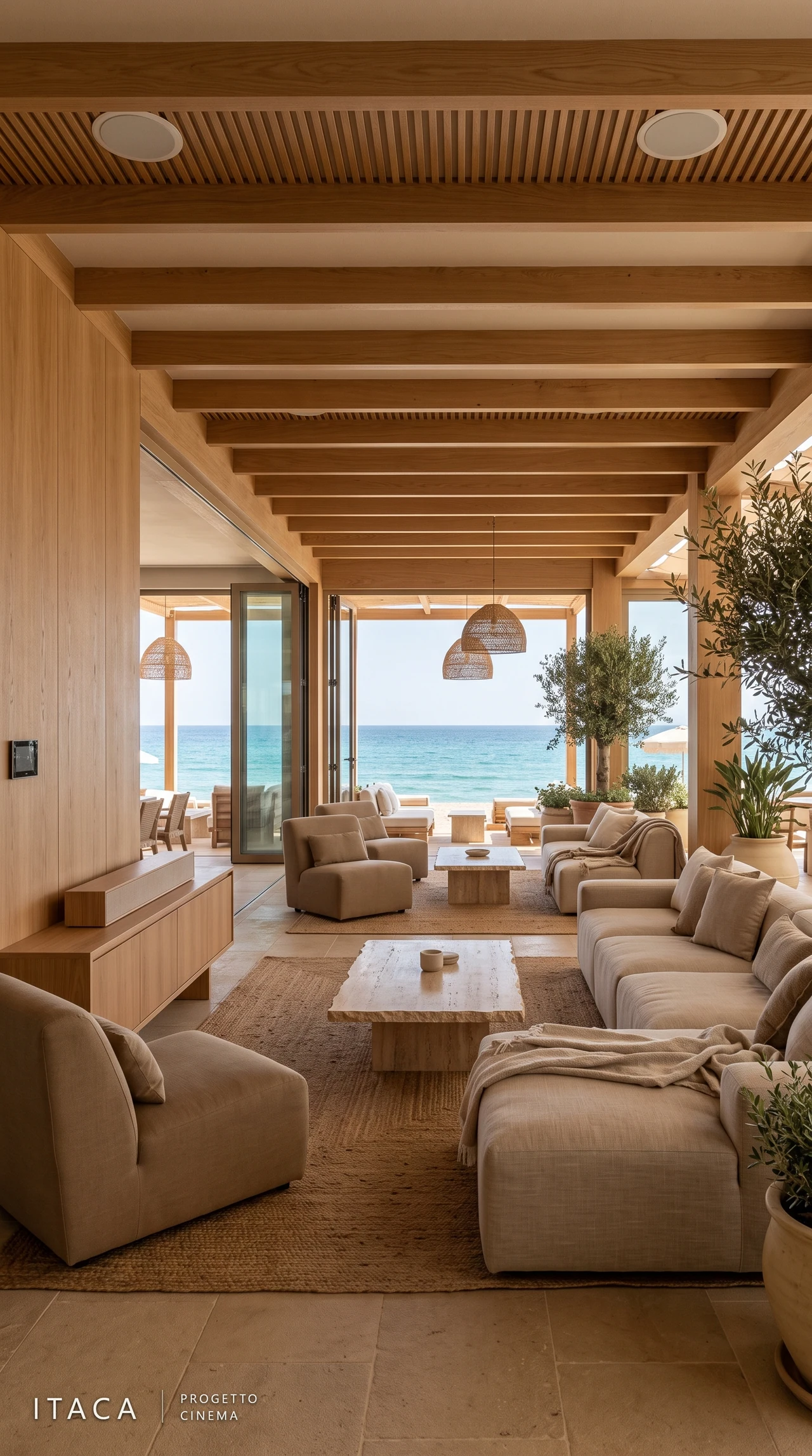 La main lounge con divani, travi in legno e affaccio sul mare.
