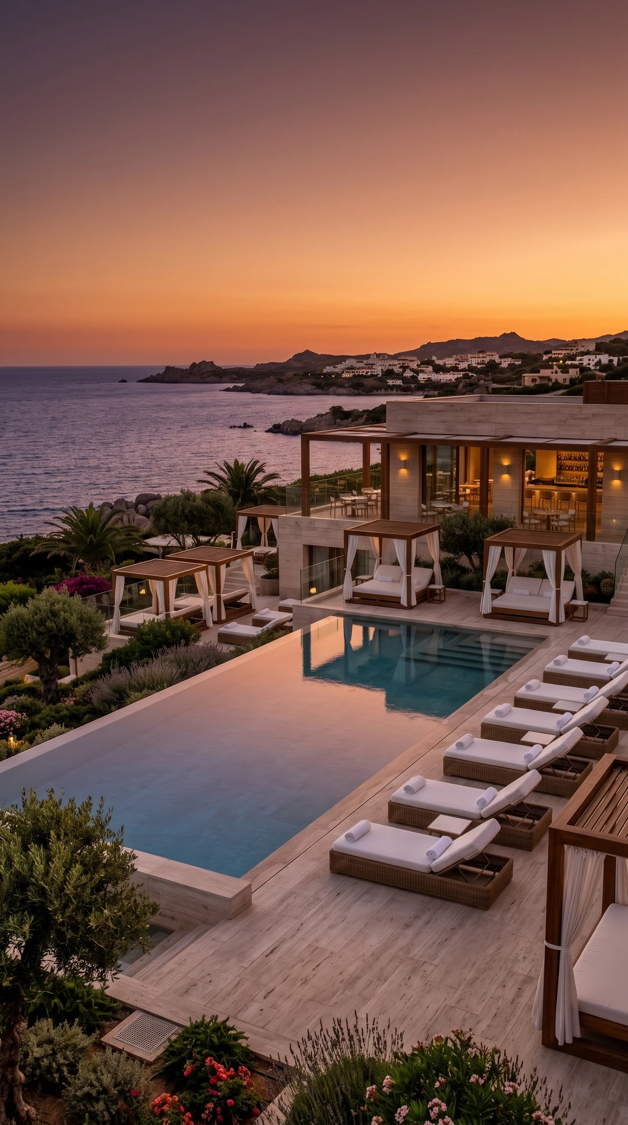 La piscina e le aree lounge nella luce del tramonto.