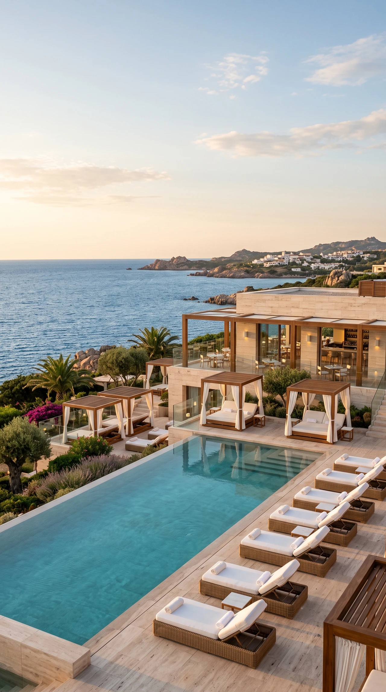 Il beach club di giorno, con piscina, lettini e vista sul mare.