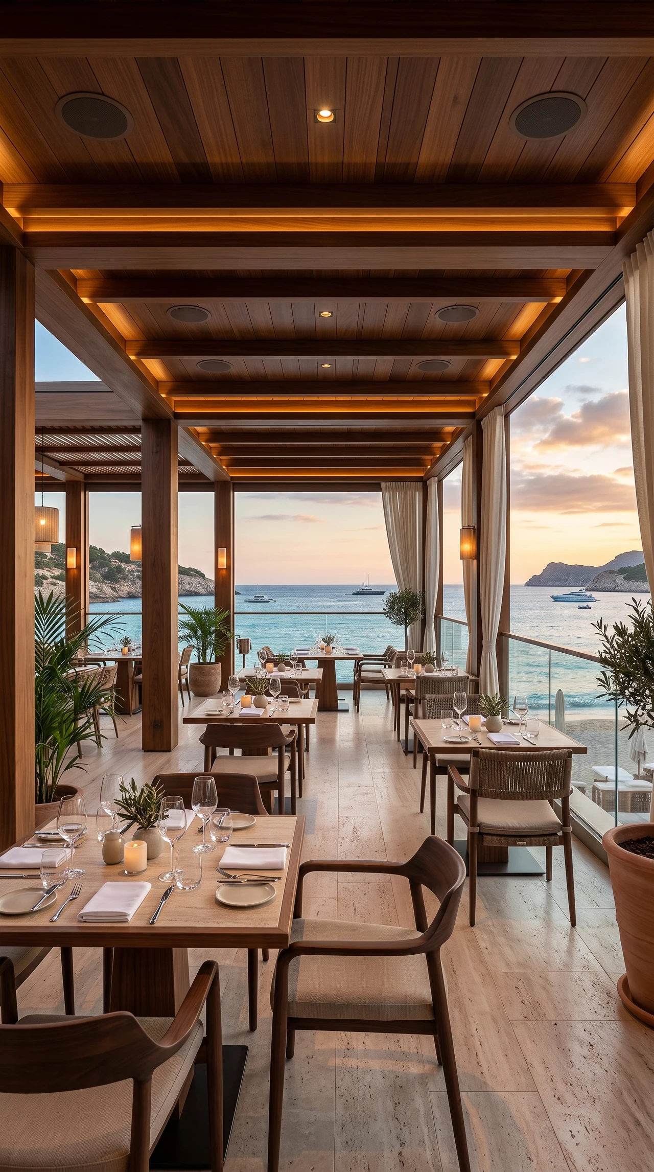 Il ristorante con tavoli e portico affacciati sul paesaggio.