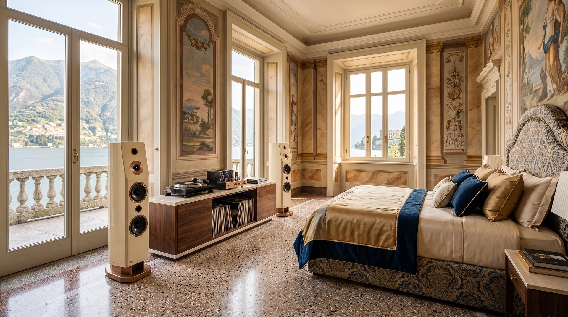 Camera con decorazioni classiche e diffusori chiari ai lati del mobile audio.