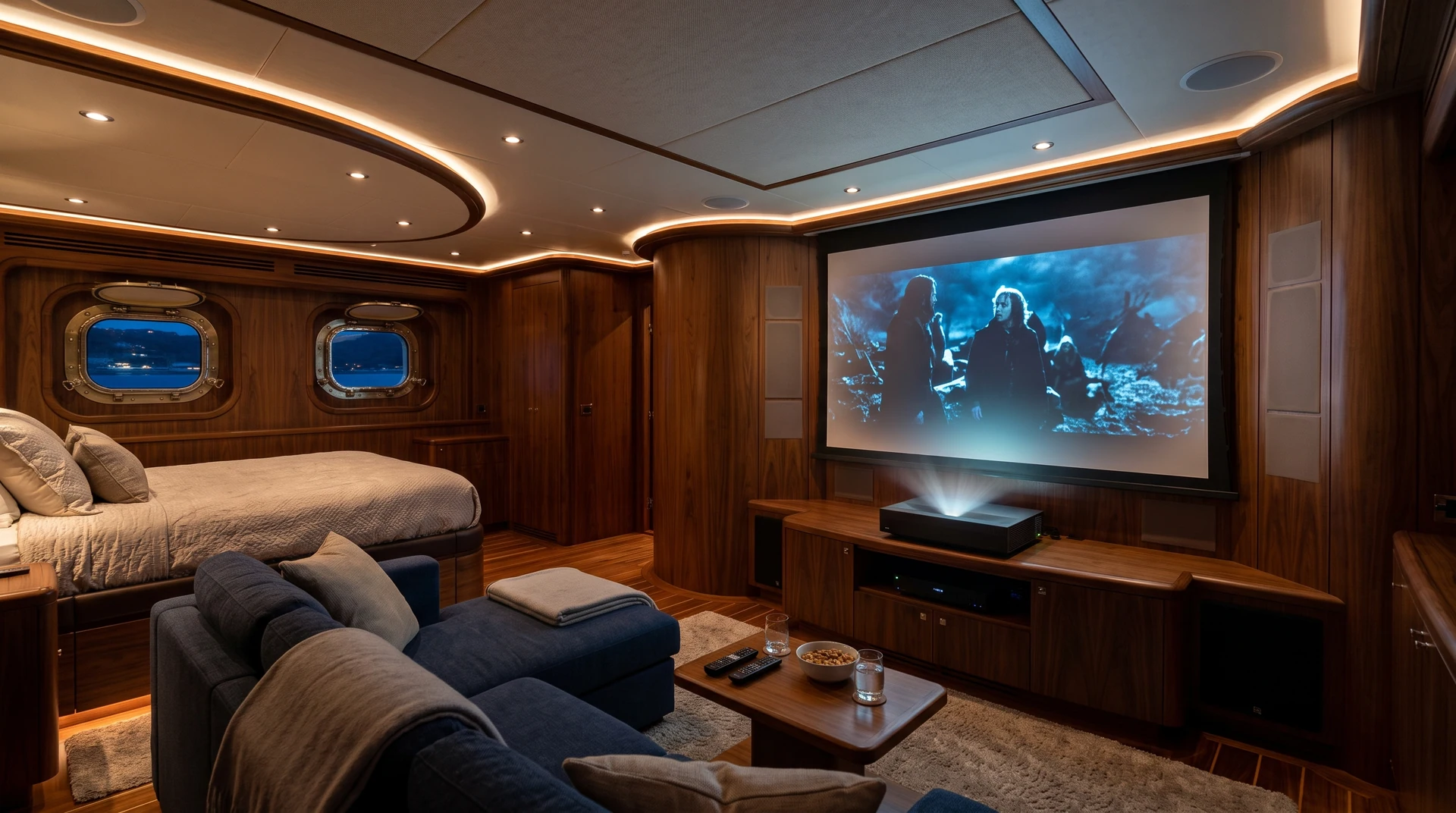 Camera di bordo con proiezione davanti al letto e zona lounge.