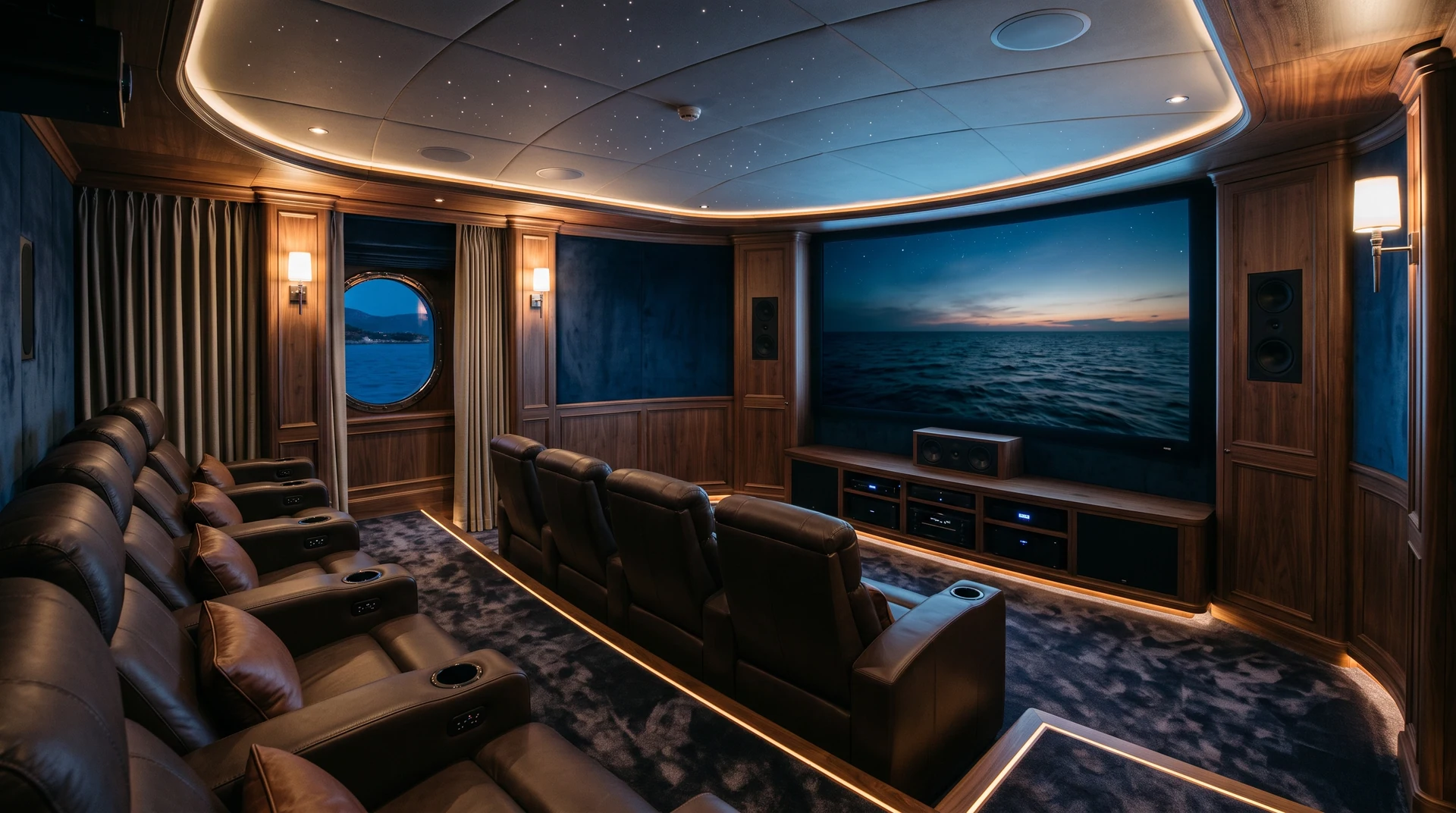 Cinema a bordo con file di poltrone, schermo e finestrature sul mare.