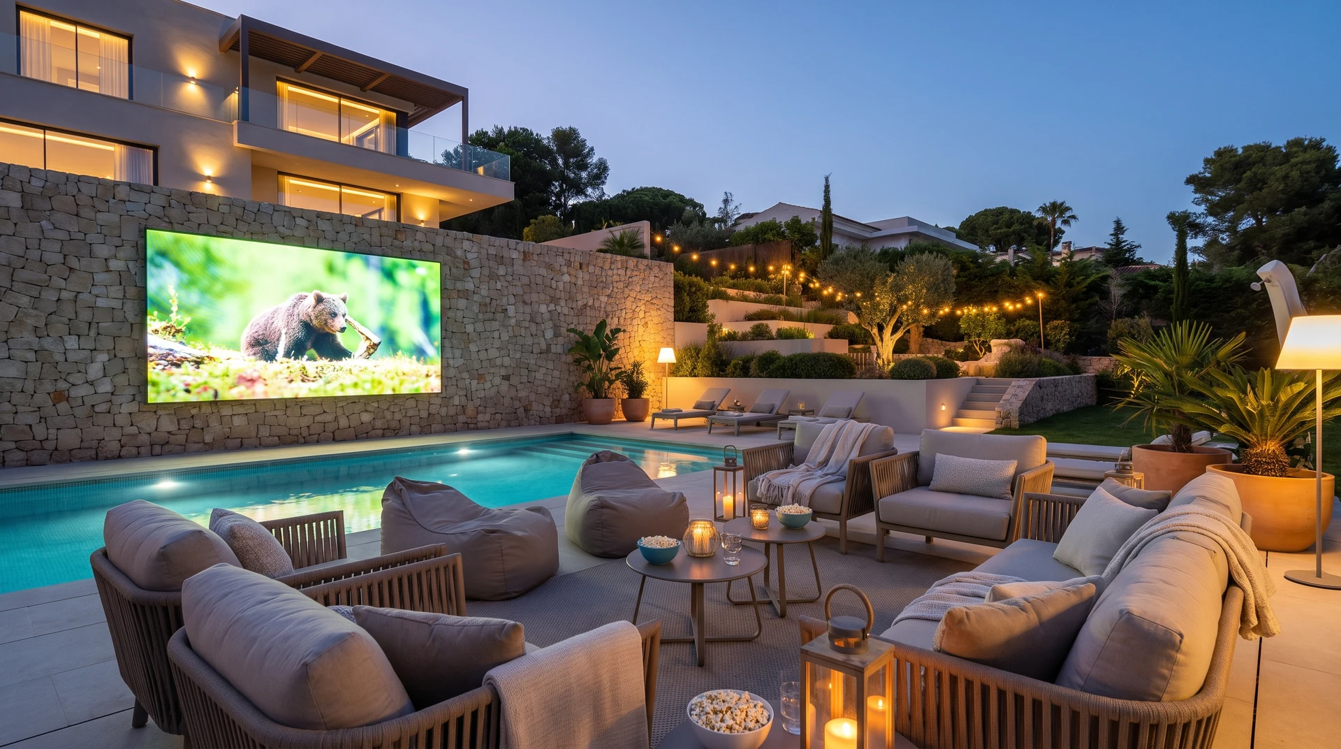 Cinema accanto alla piscina con schermo sulla parete in pietra.