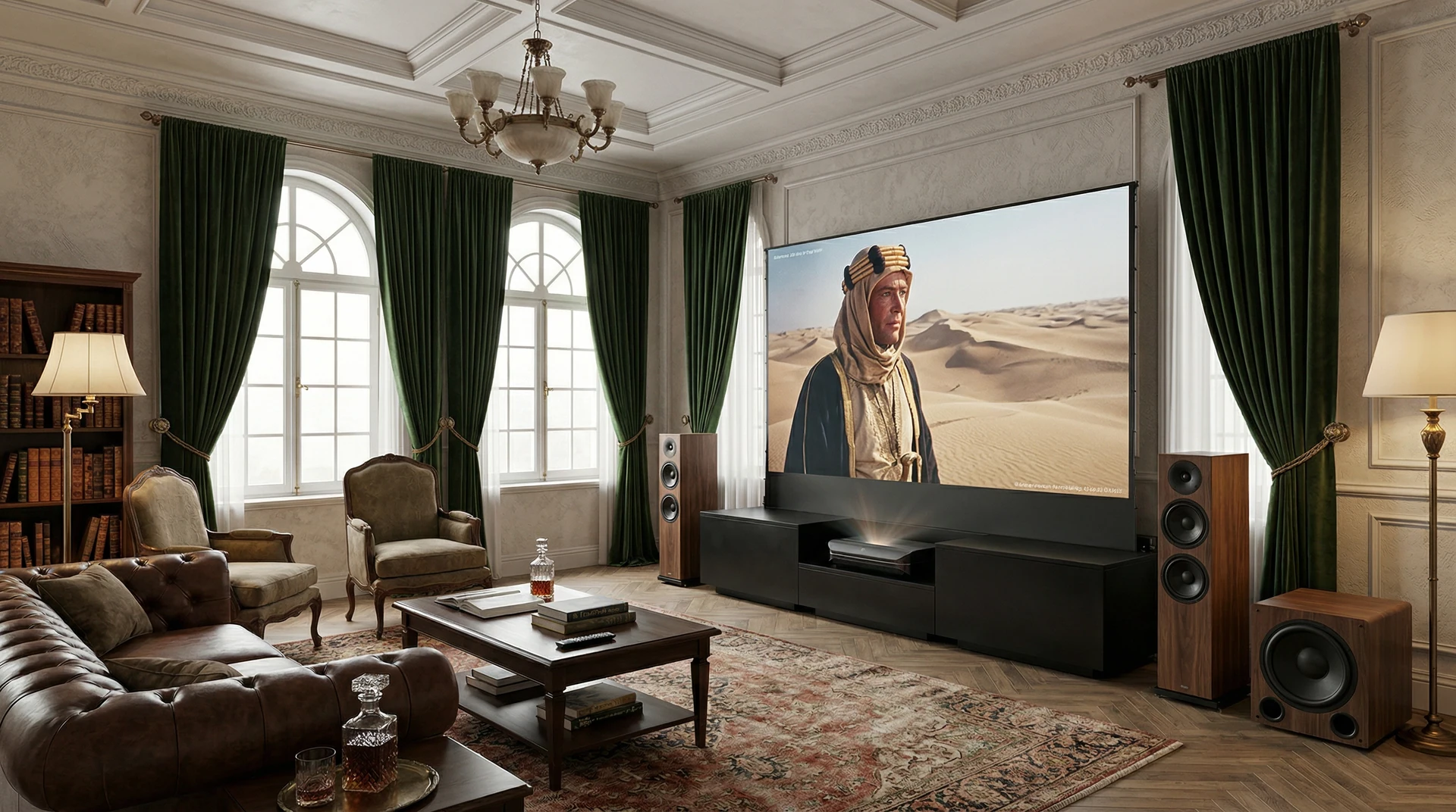 Cinema in un salotto classico, con mobile basso e diffusori ai lati dello schermo.