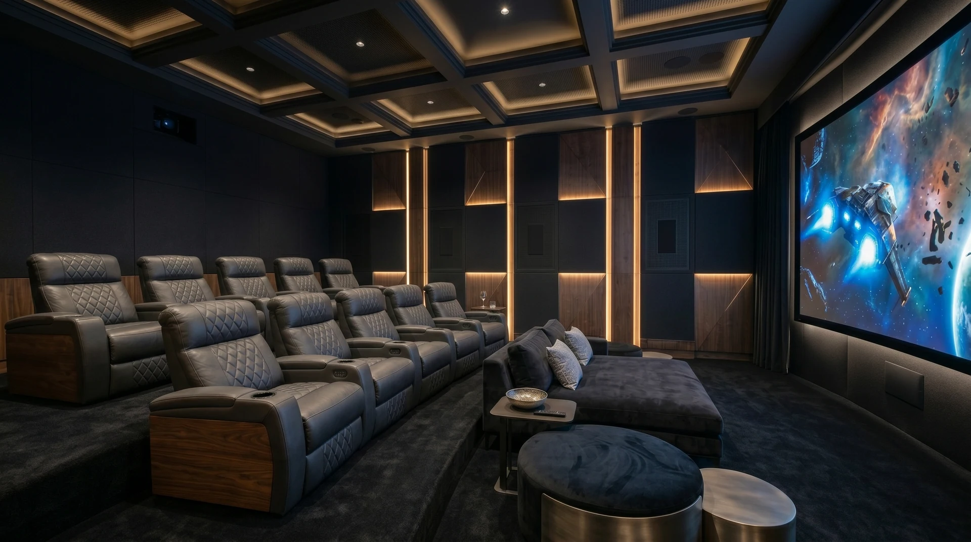 Sala cinema con poltrone su due livelli, divano lounge e soffitto a cassettoni.
