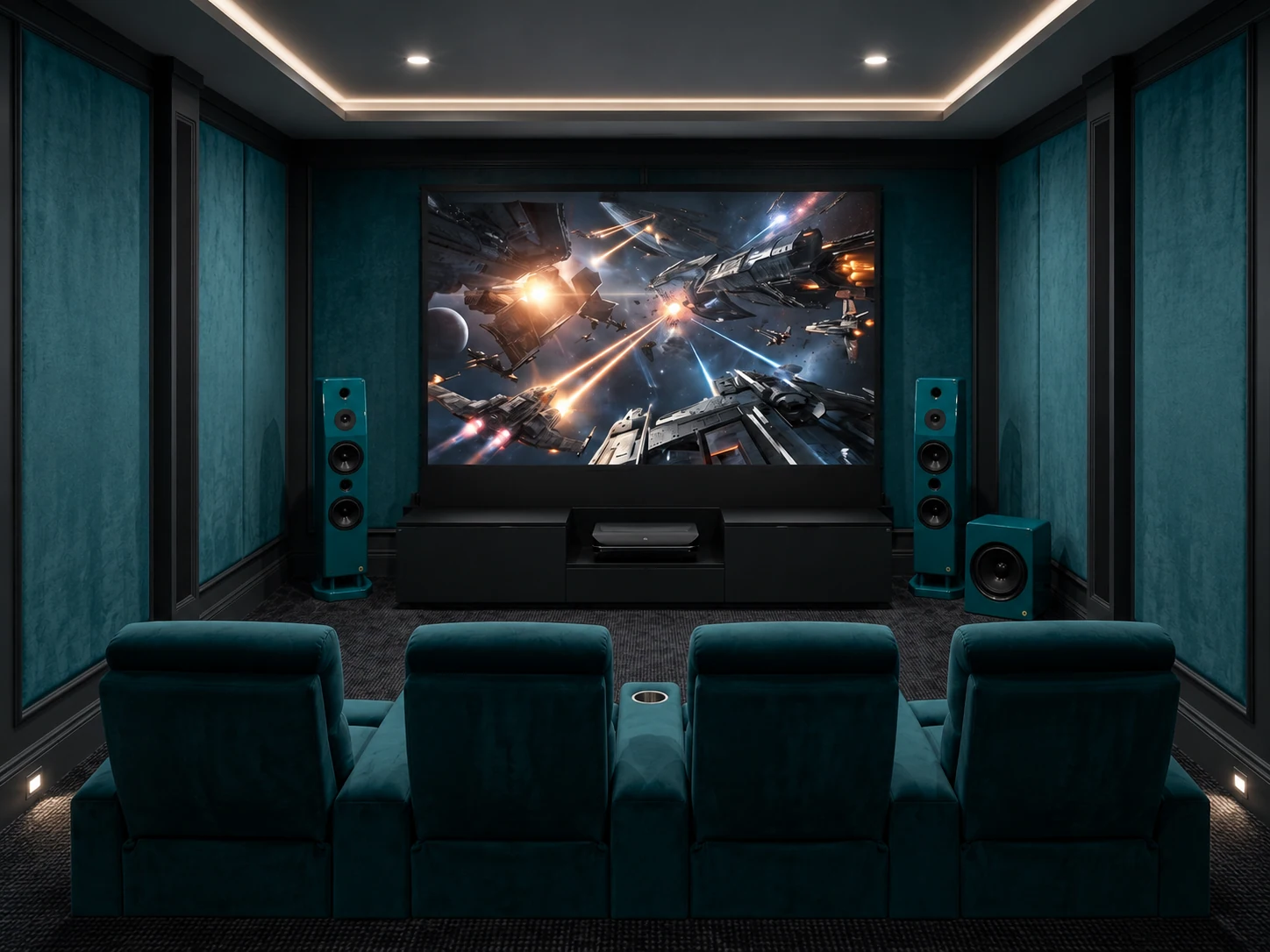 Cinema raccolto con poltrone e diffusori coordinati ai rivestimenti blu.
