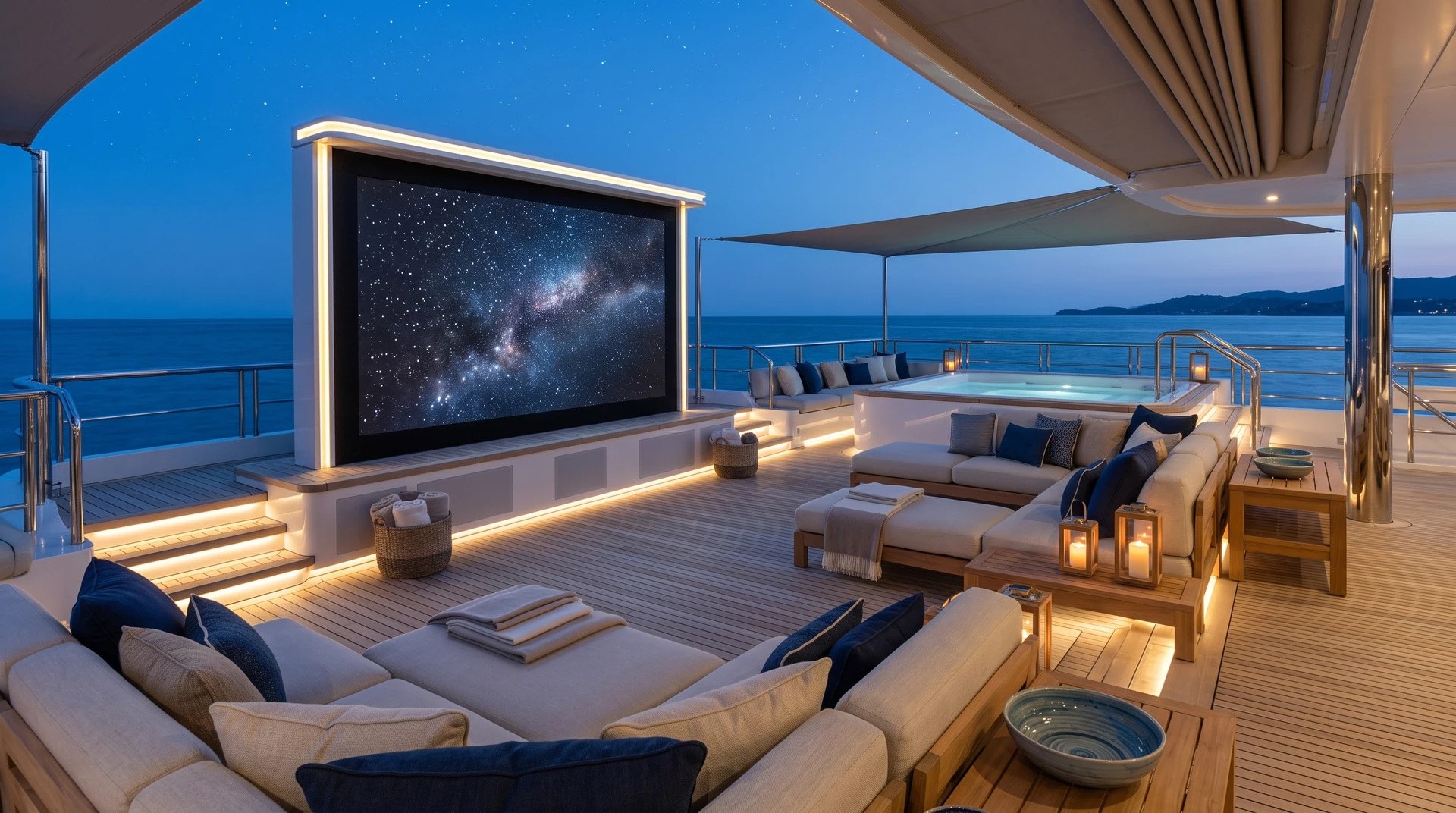 Cinema sul ponte esterno con schermo rialzato e lounge protetta.