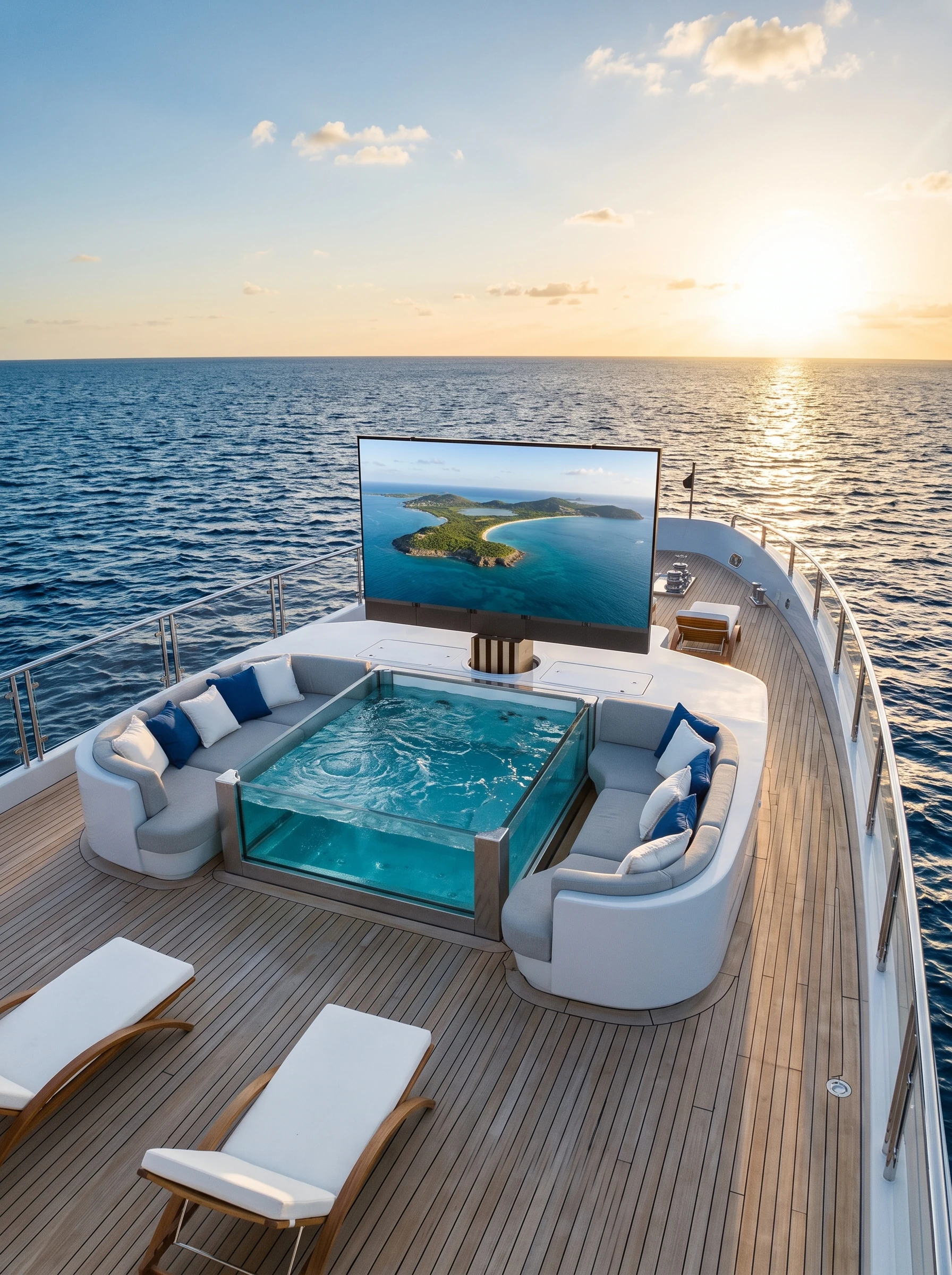 Deck con lounge, piscina e display orientato verso le sedute.