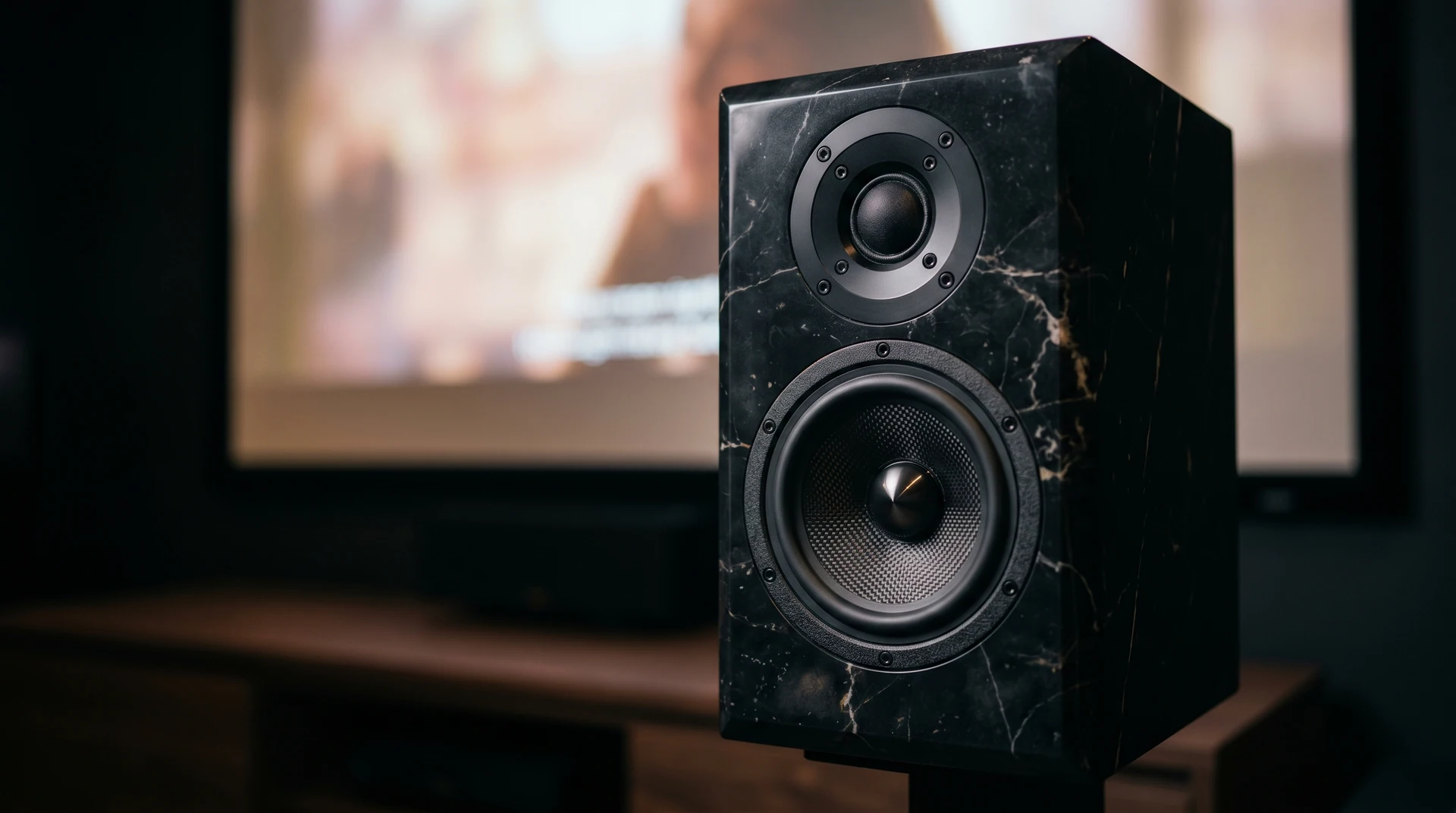 Diffusore da scaffale nero con finitura venata, davanti a uno schermo sfocato.