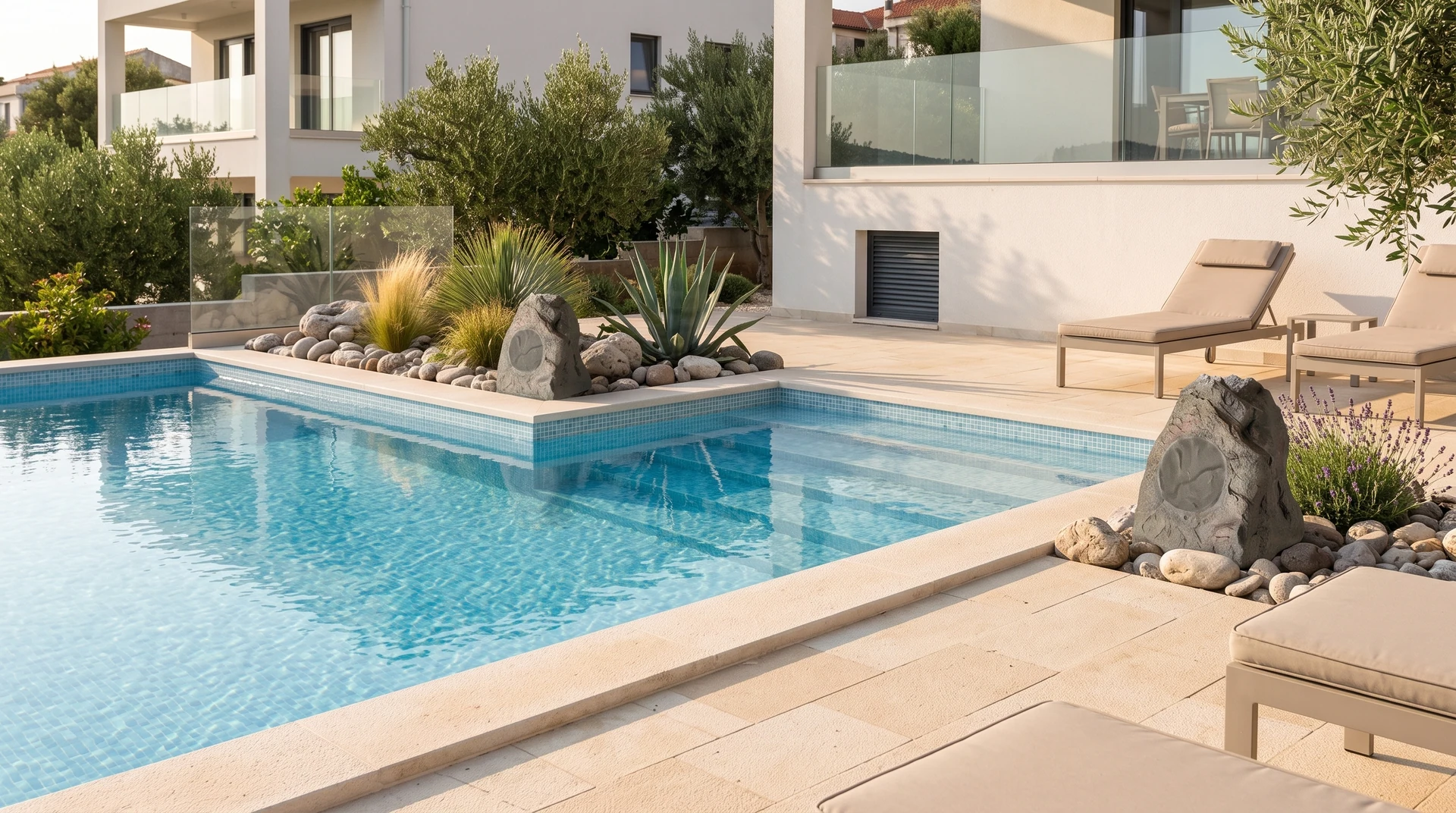 Diffusori con finitura roccia distribuiti lungo il bordo piscina.