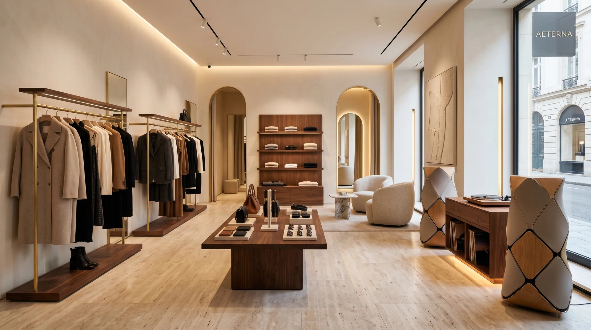 Diffusori scultorei come elementi di arredo nella boutique.