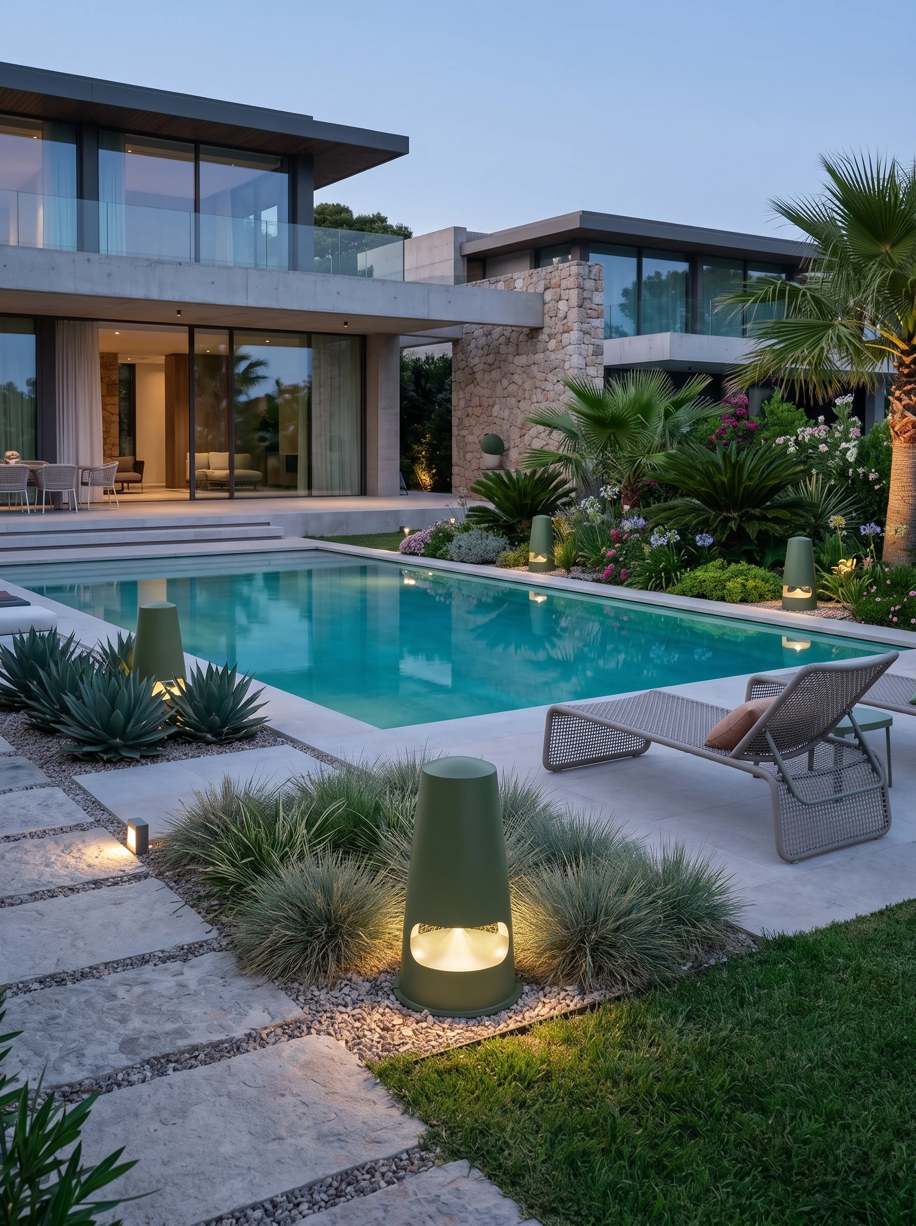 Diffusore verde con luce alla base, tra le piante vicino a una piscina e a una chaise longue.
