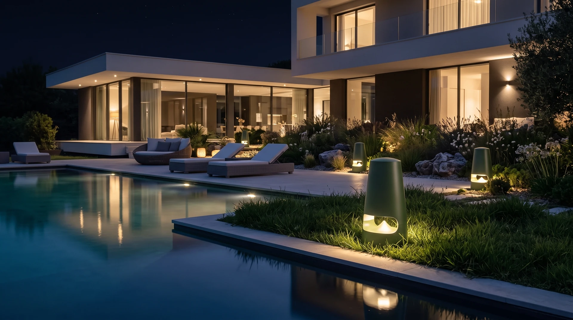 Diffusore luminoso nella vegetazione vicino alla piscina di una villa, in una vista notturna.