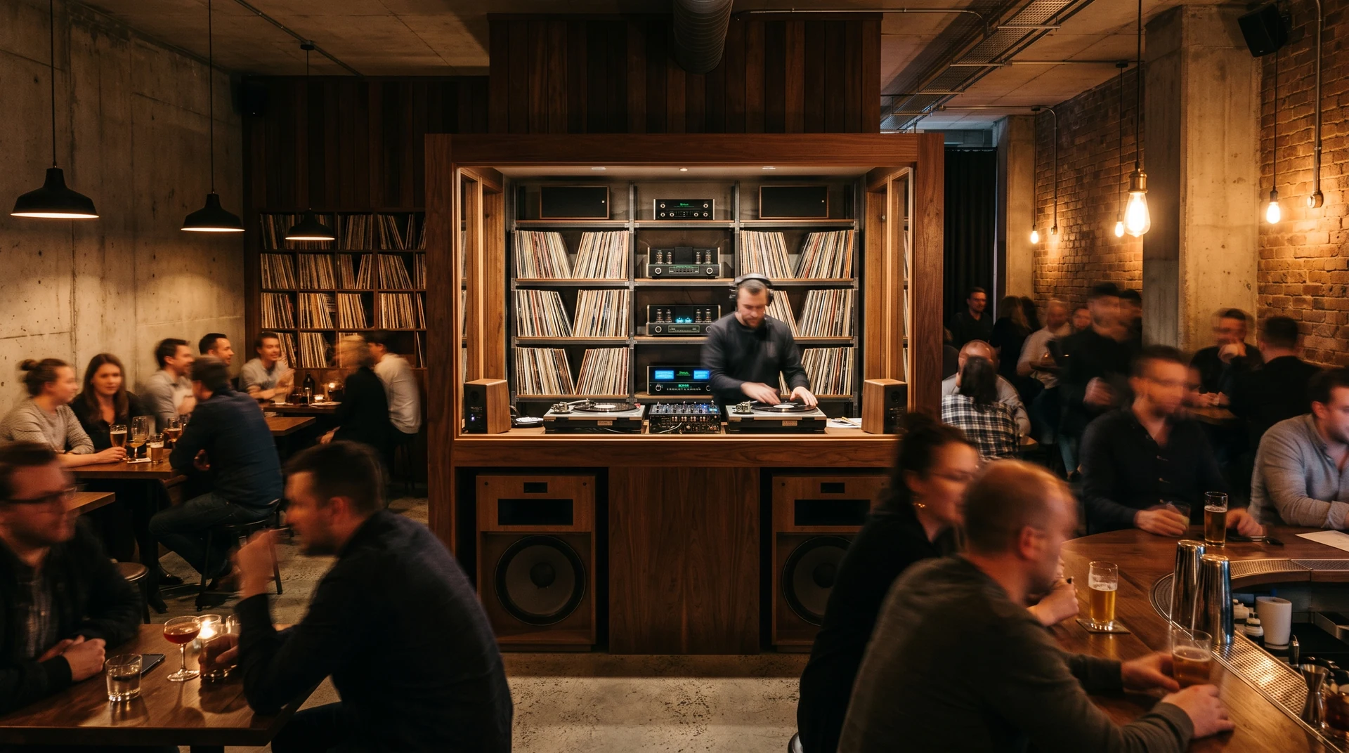 Listening bar con console musicale e sedute attorno alla zona di ascolto.