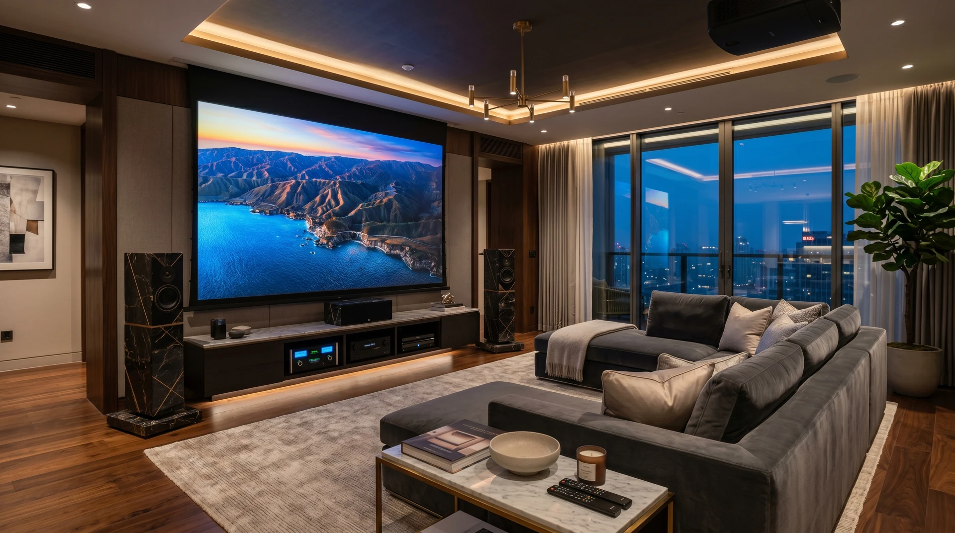 Living con schermo a parete, diffusori frontali, proiettore a soffitto e divano ad angolo.