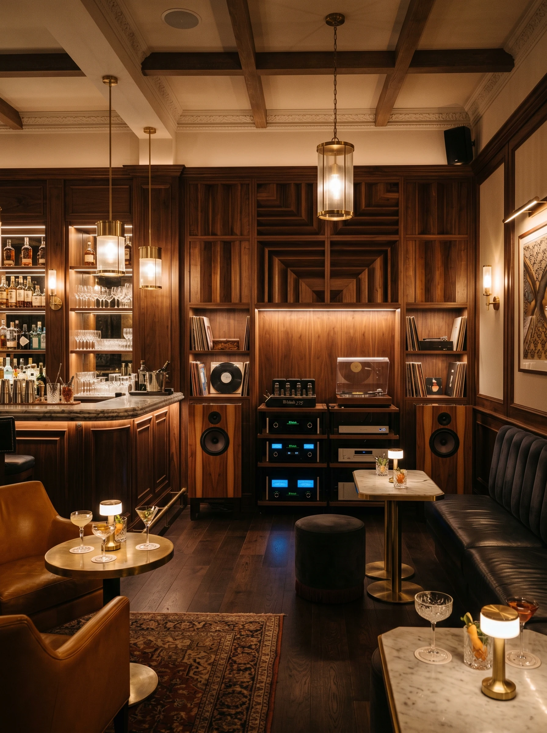 Lounge bar raccolta con elettroniche e diffusori nella boiserie.