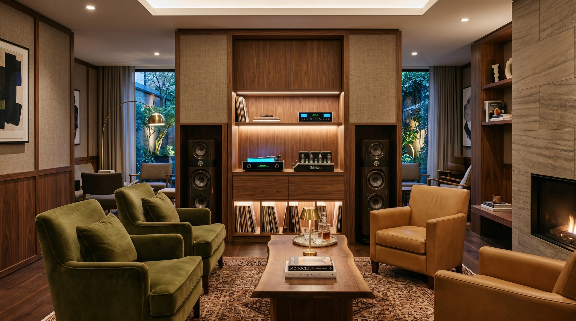 Lounge raccolta con poltrone, libreria musicale e sistema stereo.