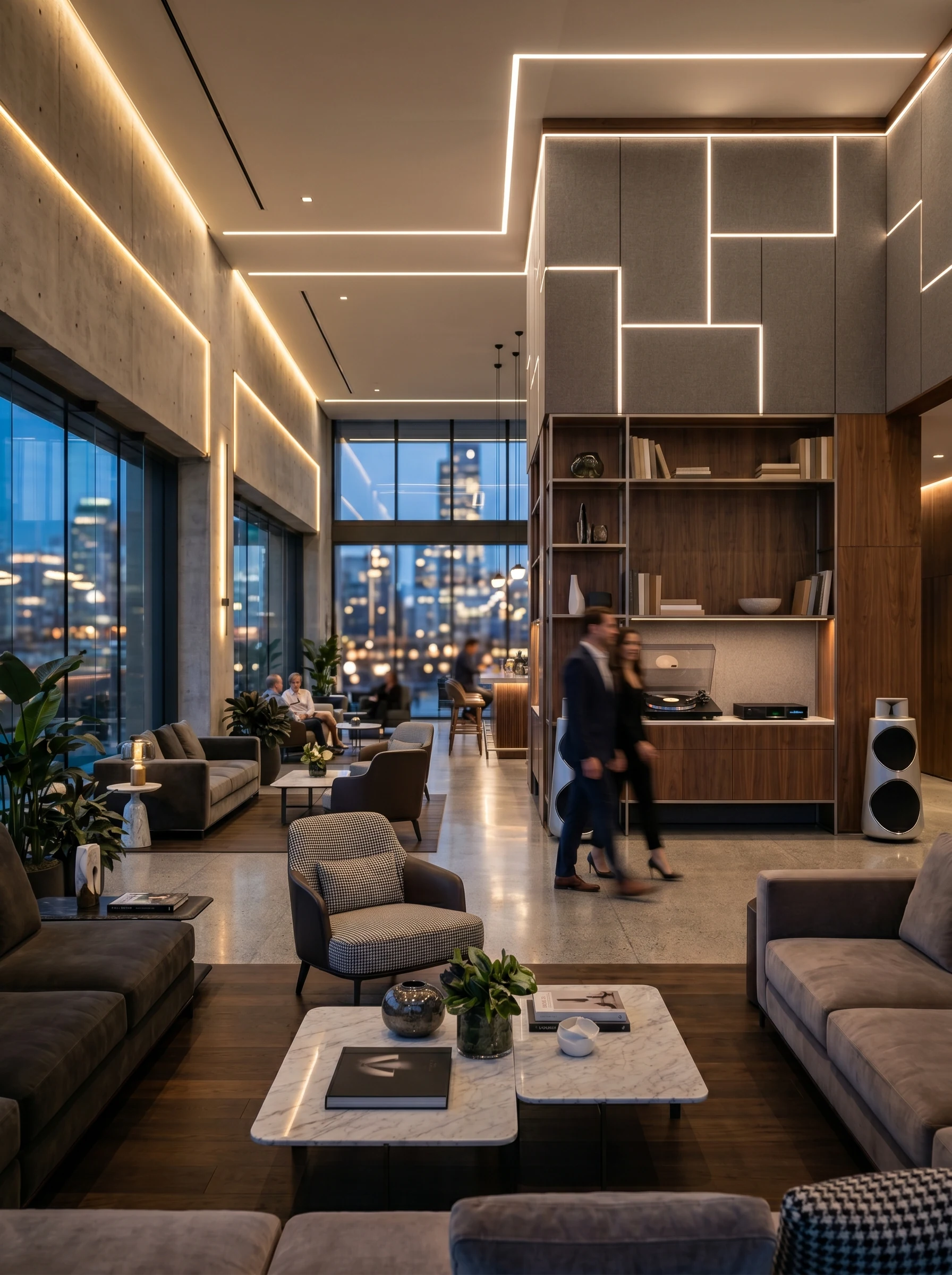 Gli spazi di incontro e la composizione luminosa della lounge Lounge con soffitto alto, divani, scaffalature e linee luminose sulle pareti.