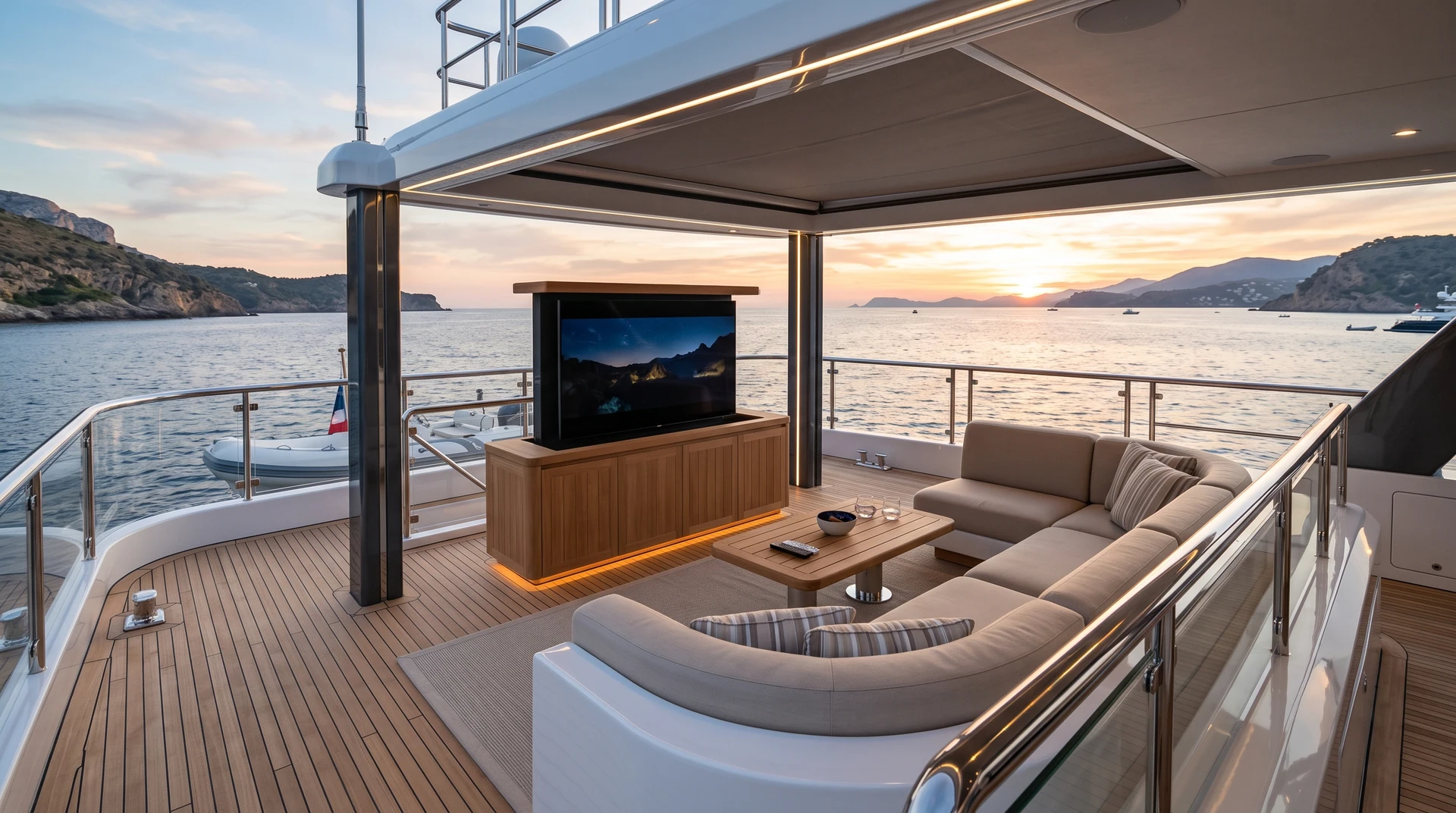 Lounge sul ponte con display integrato nel mobile e vista sul mare.