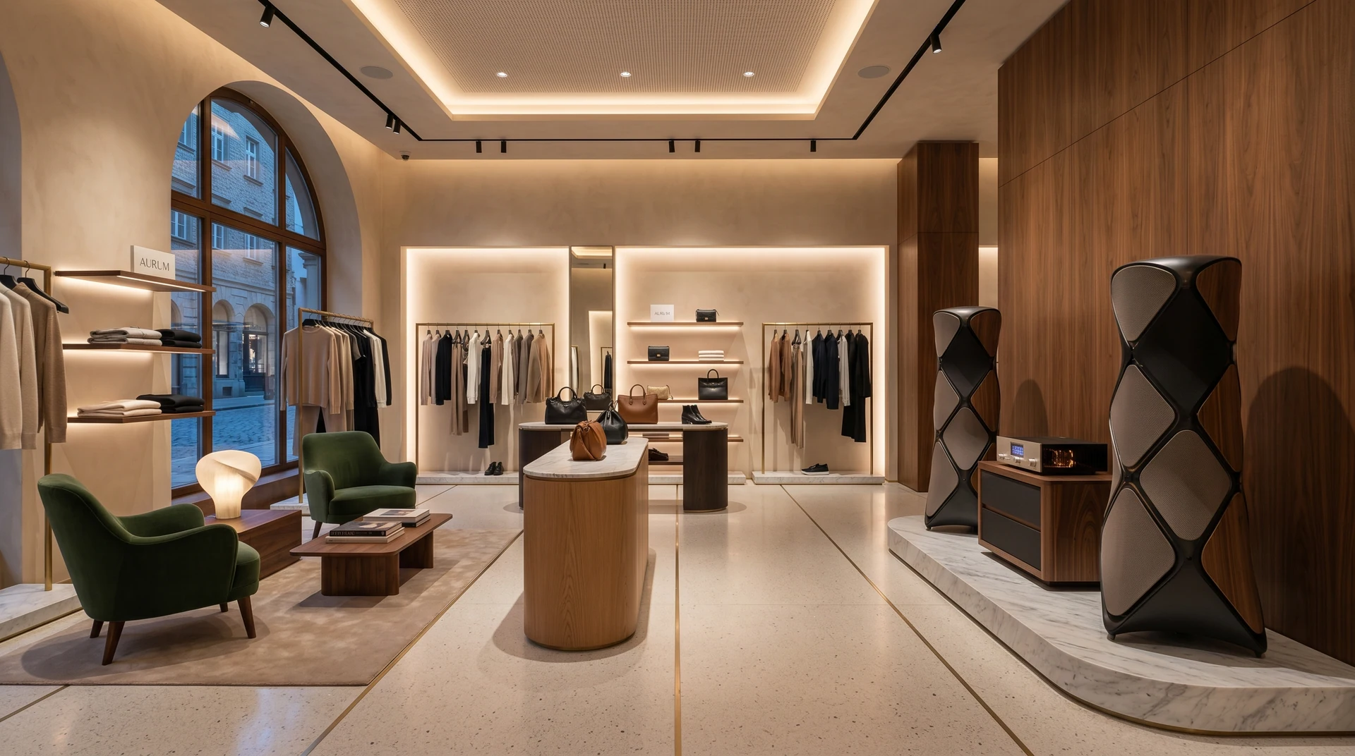 Luce, espositori e diffusori accompagnano la profondità della boutique Luce, espositori e diffusori accompagnano la profondità della boutique.