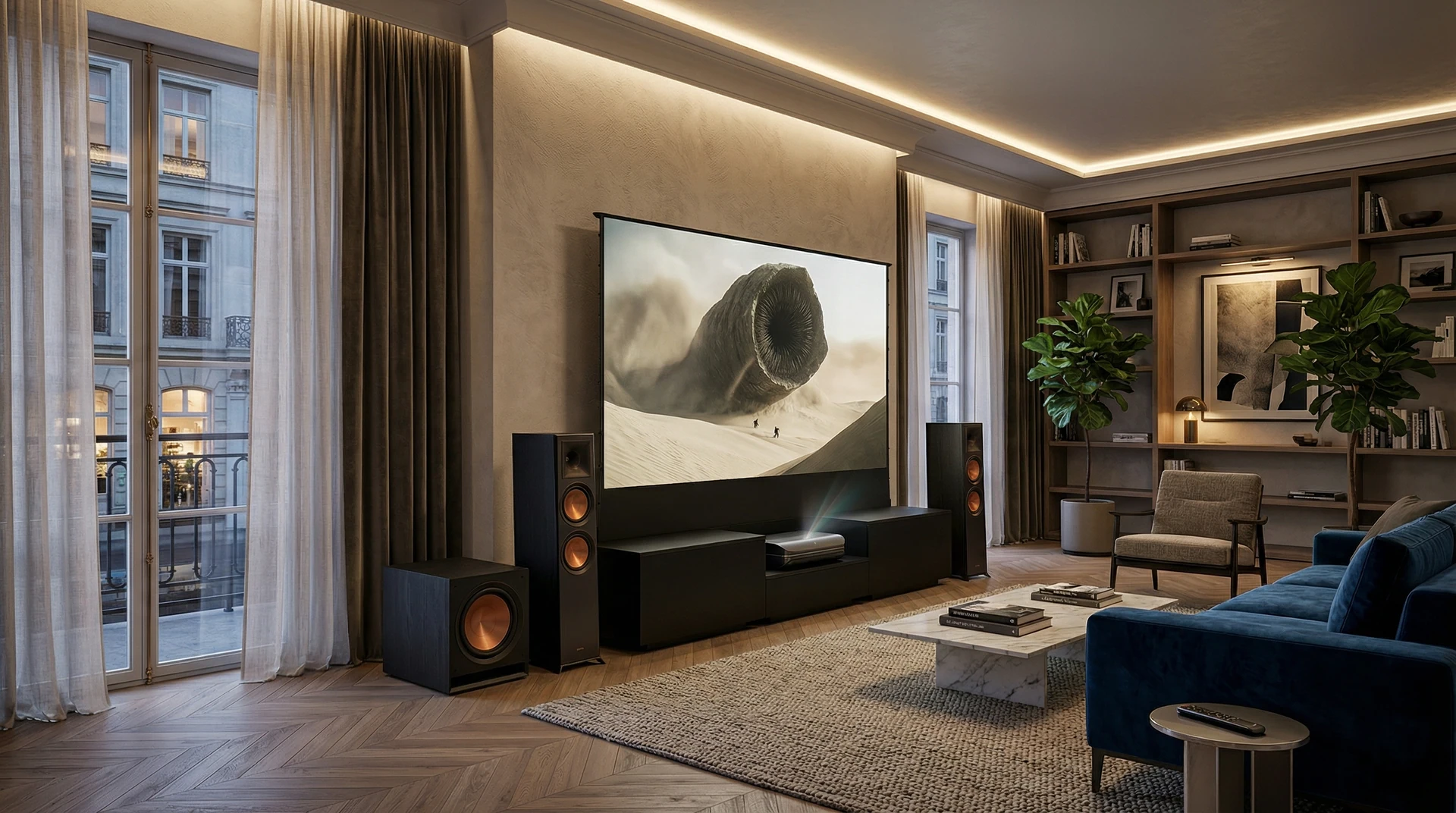 Mobile cinema e diffusori in legno in un living con libreria e poltrone.