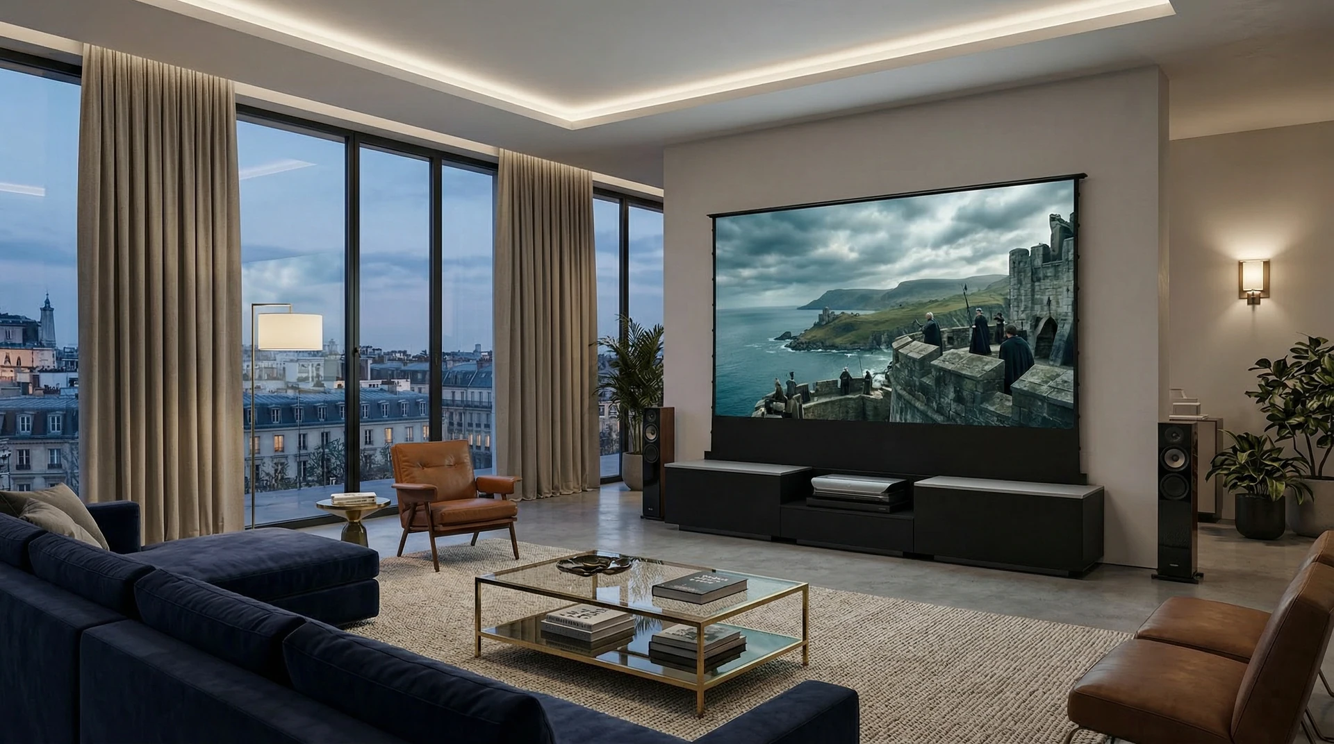 Mobile cinema e schermo affiancati alla zona conversazione e alle vetrate.