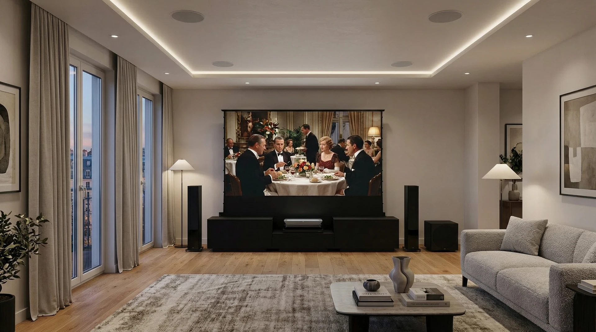 Mobile nero e proiezione nel living con divano e grandi vetrate.