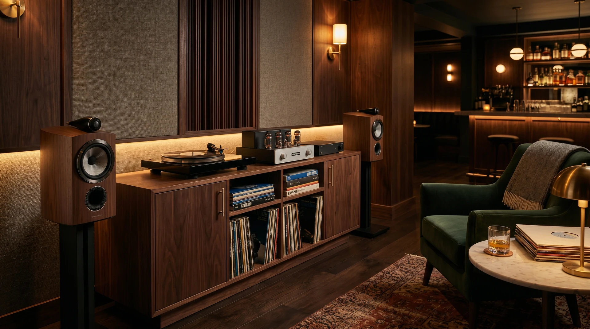 Mobile per musica e vinili con diffusori in legno, accanto all’area lounge Mobile per musica e vinili con diffusori in legno, accanto all’area lounge.