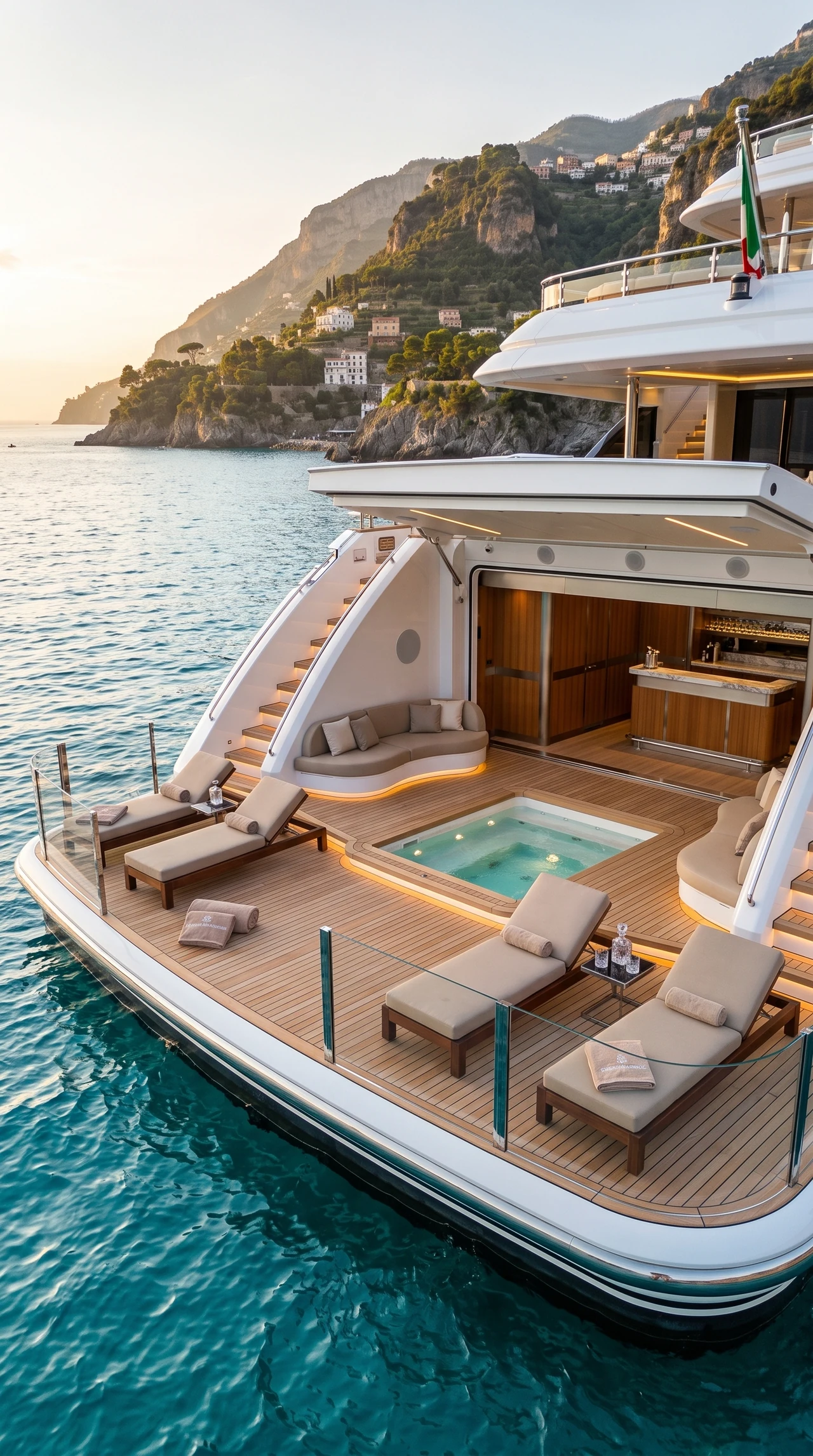 Il beach club di poppa con aree relax aperte sul mare.