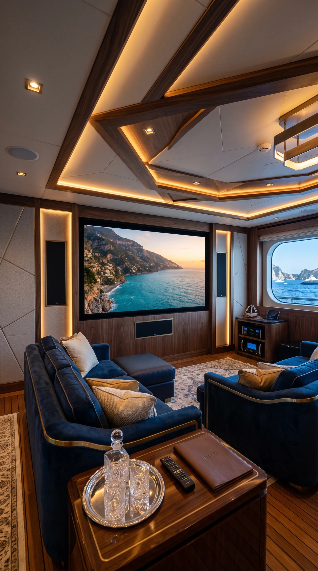 La media room di bordo con grande schermo e sedute lounge.