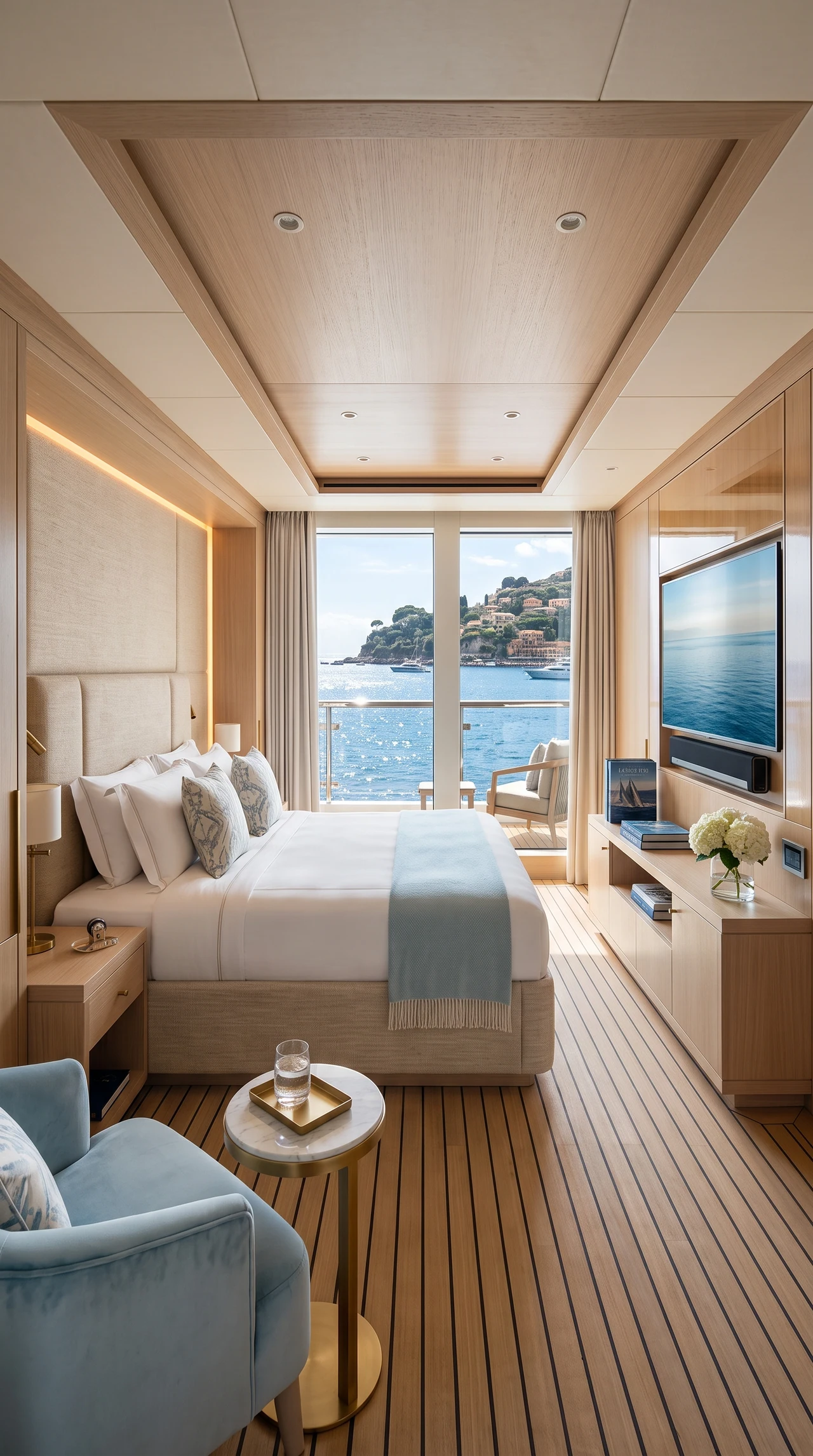 Una guest suite con zona notte, sedute e schermo a parete.