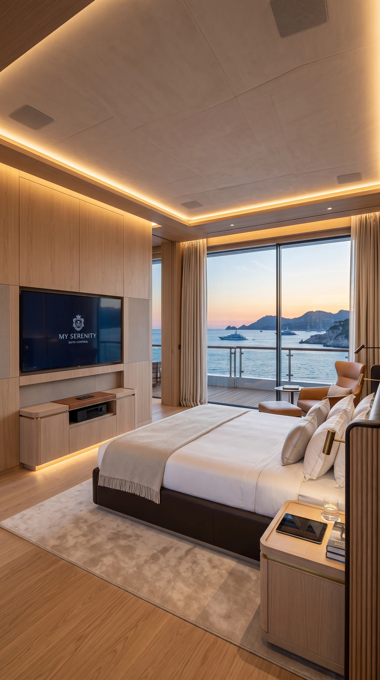 L’owner suite con schermo integrato nella parete attrezzata.