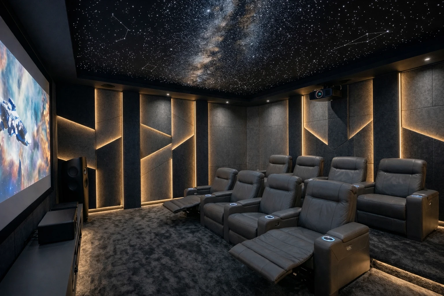 Private Cinema Nebula — Cinema attivo — vista laterale Sala Nebula vista di lato, con poltrone reclinabili, cielo stellato e proiettore alto sul fondo.