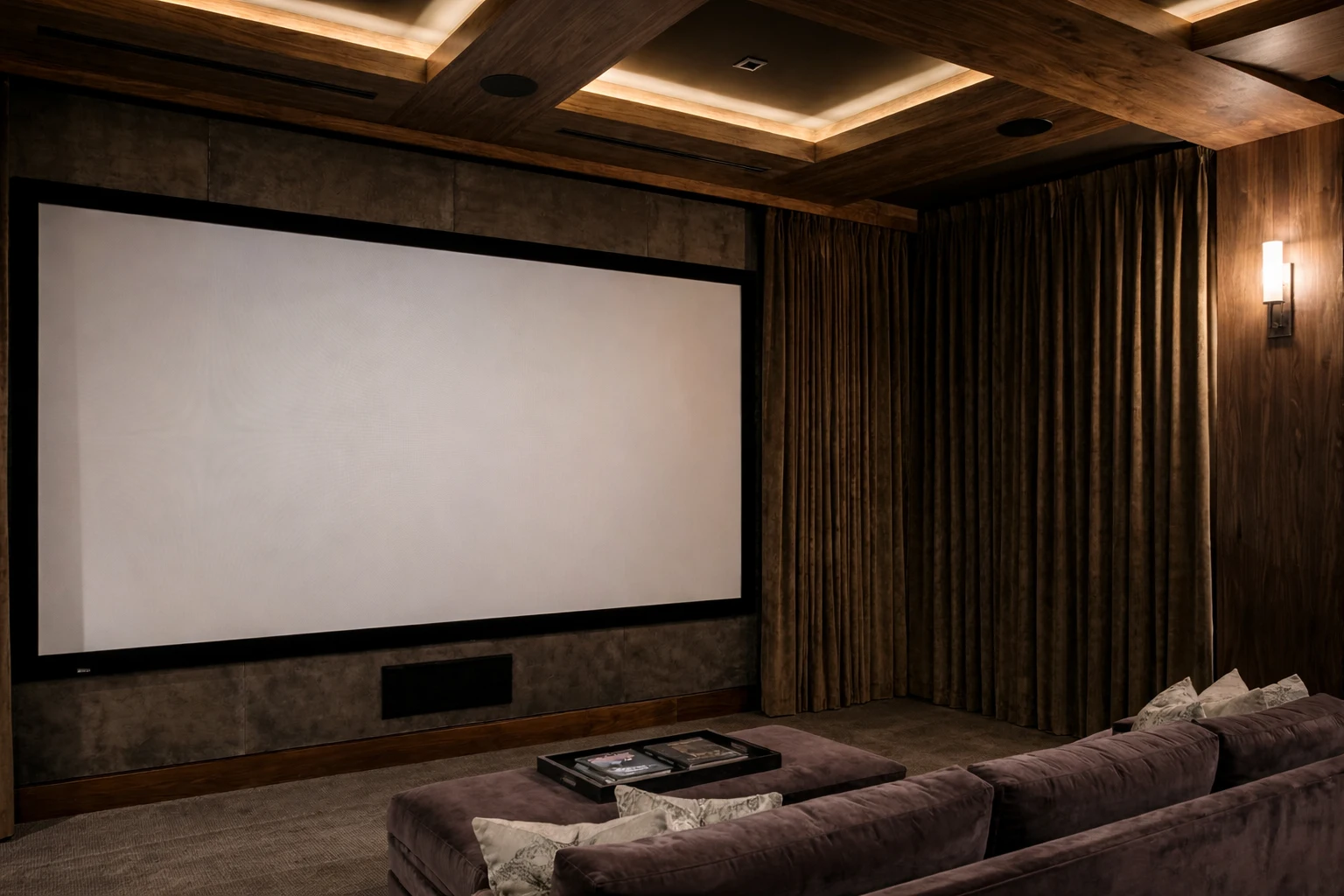 Sala cinema a Nizza — Fronte schermo Fronte della sala cinema di Nizza con schermo bianco, canale centrale e soffitto in legno.