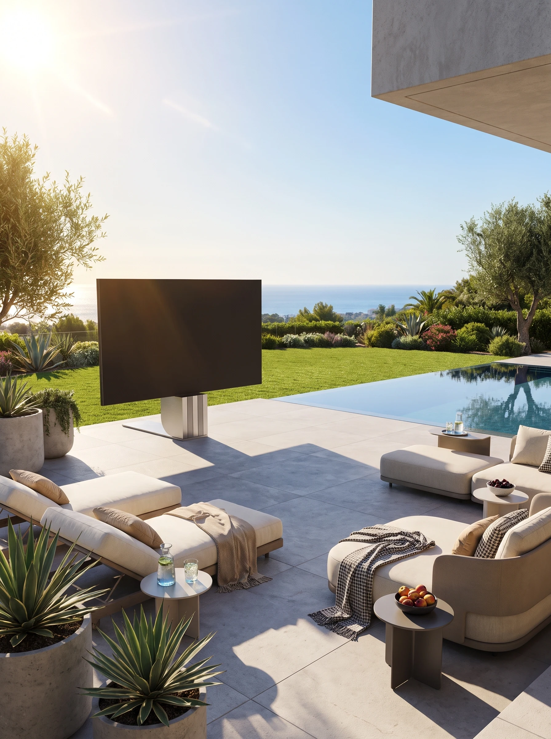 Terrazza con display nero su supporto centrale, sedute lounge e vista sul giardino.