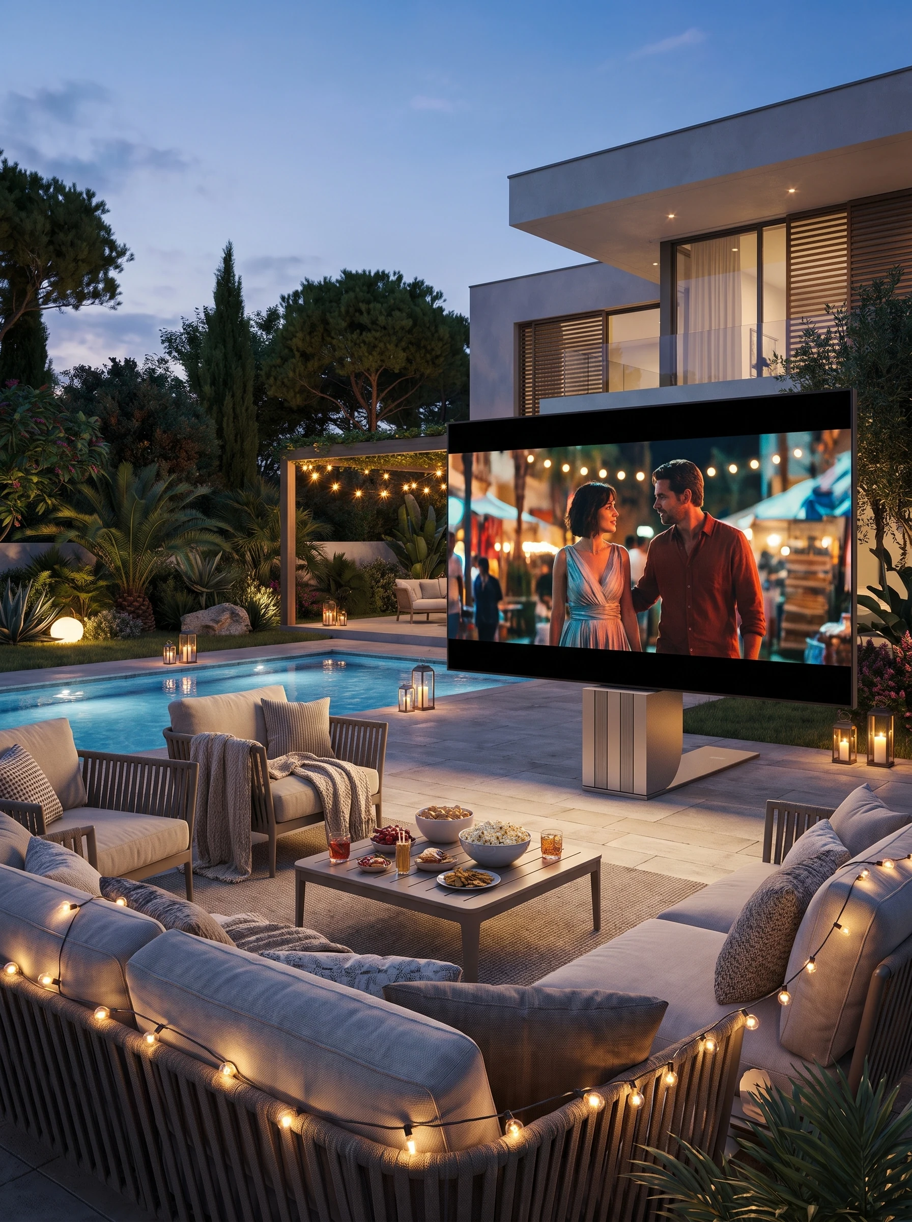 Cinema all’aperto con schermo sospeso sopra una lounge circolare accanto alla piscina.