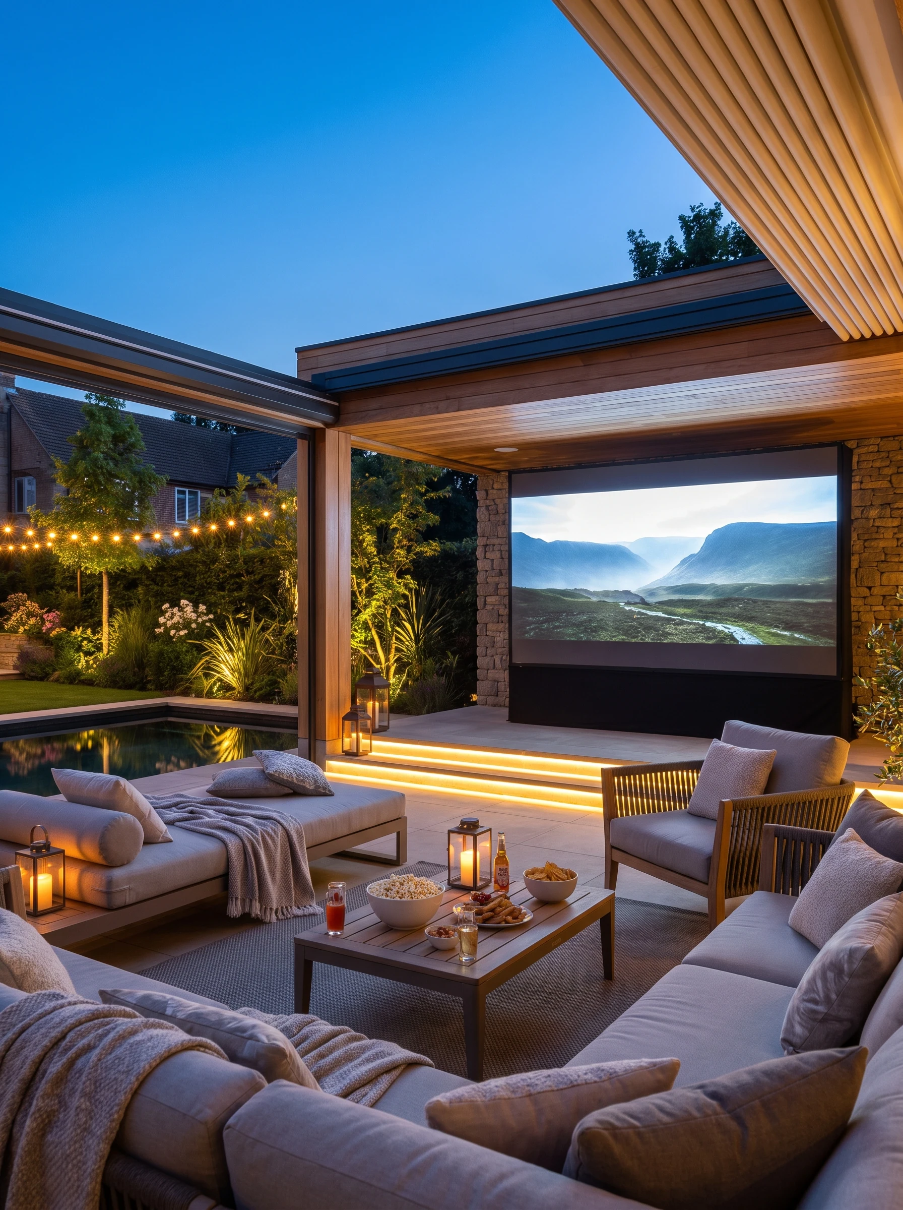 Lounge all’aperto con divani e schermo sotto una pergola, nella luce del crepuscolo.