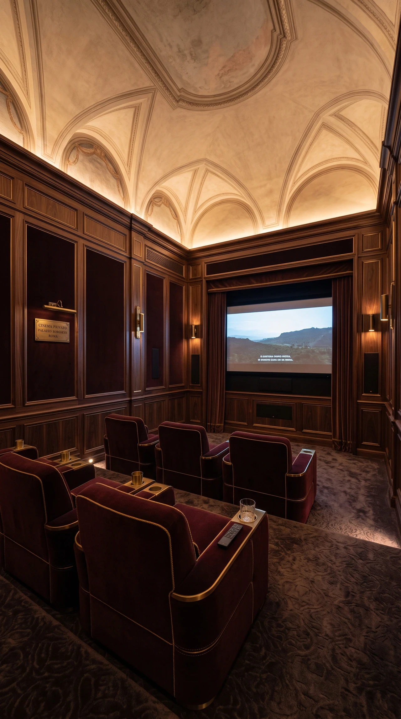 Il cinema privato tra boiserie, soffitto a volta e poltrone.