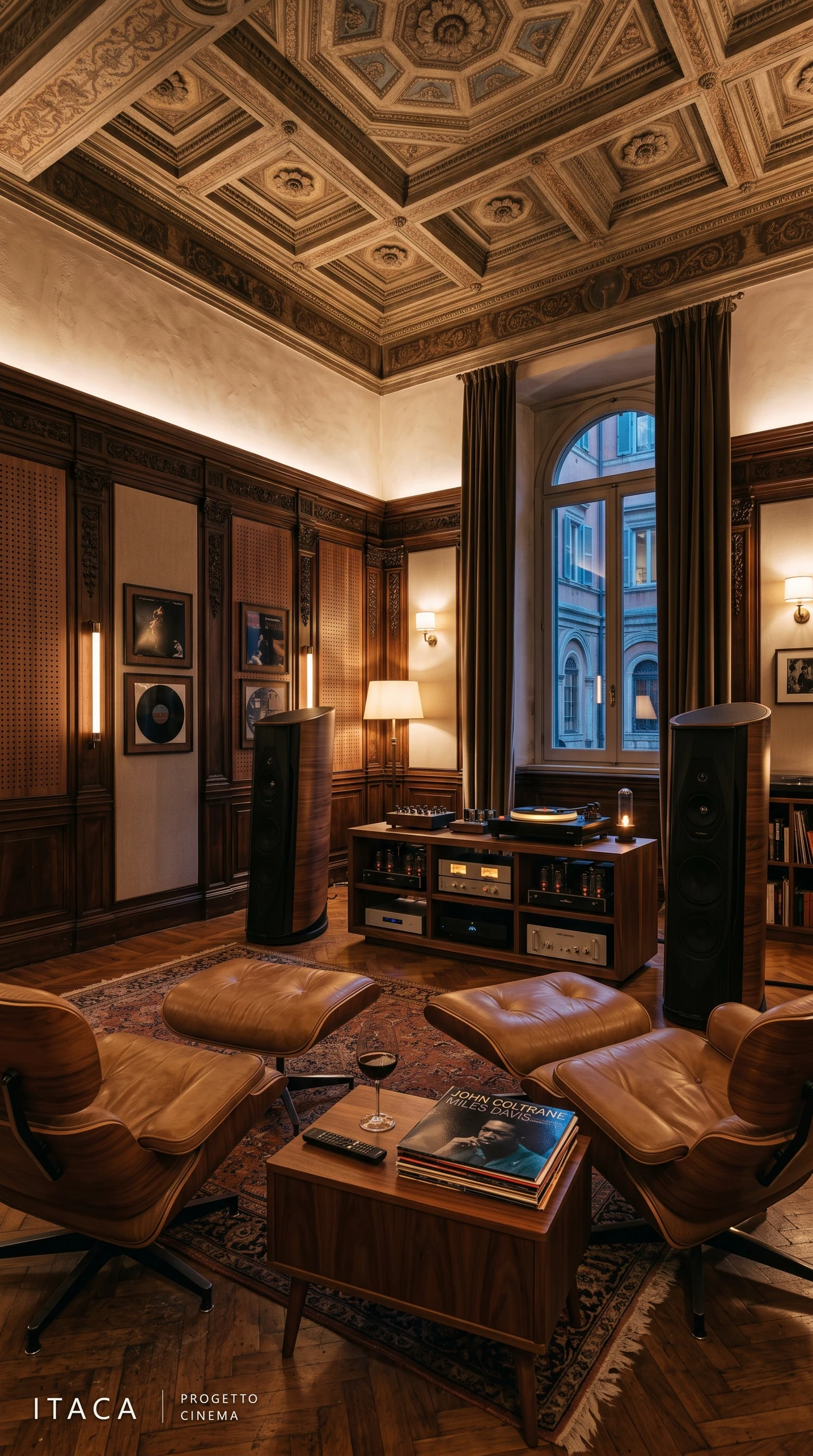 La listening room con diffusori a torre, elettroniche e sedute in pelle.