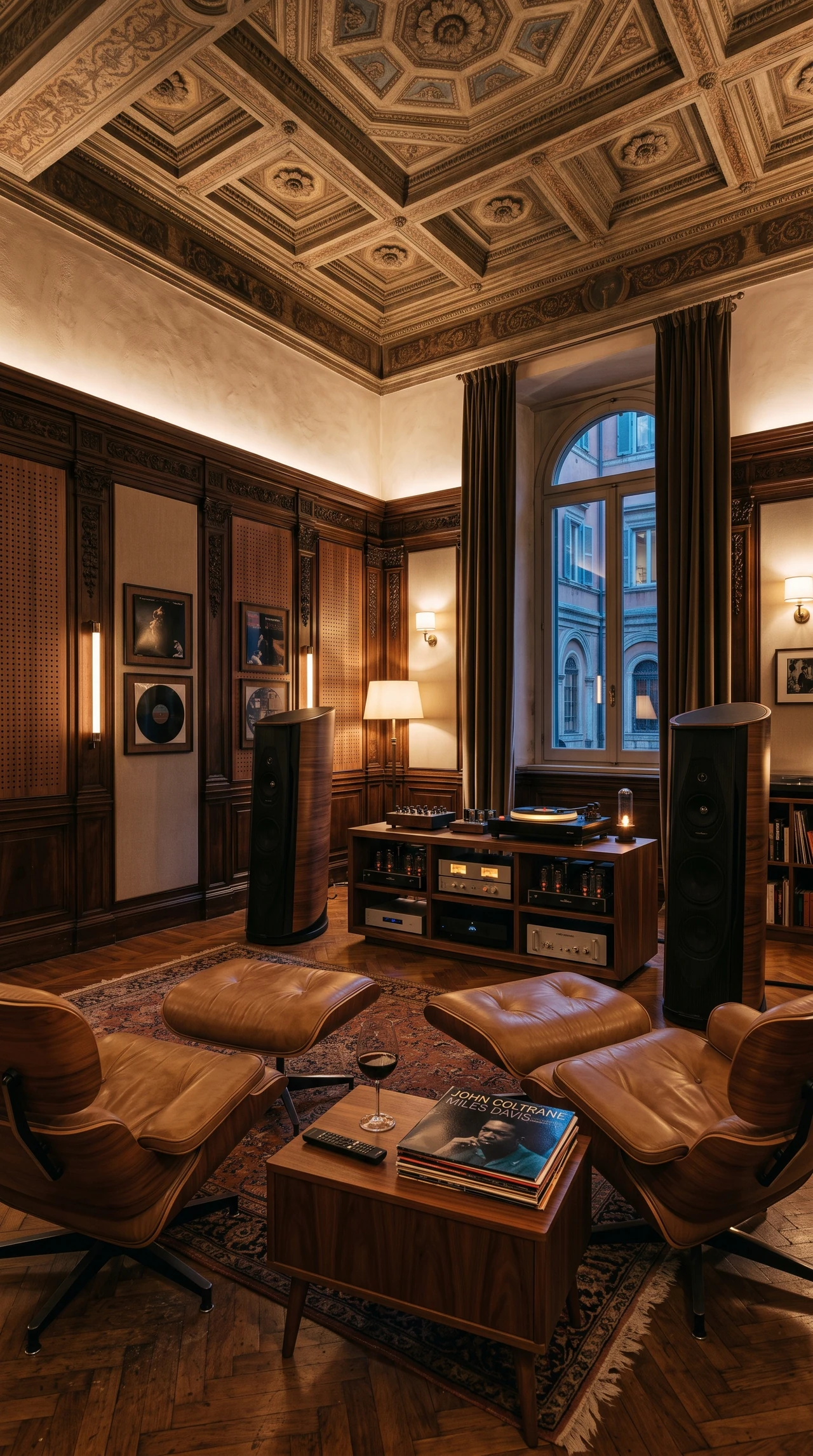 Palazzo Aurelio — listening room Hi-Fi La listening room con diffusori a torre, elettroniche e sedute in pelle.
